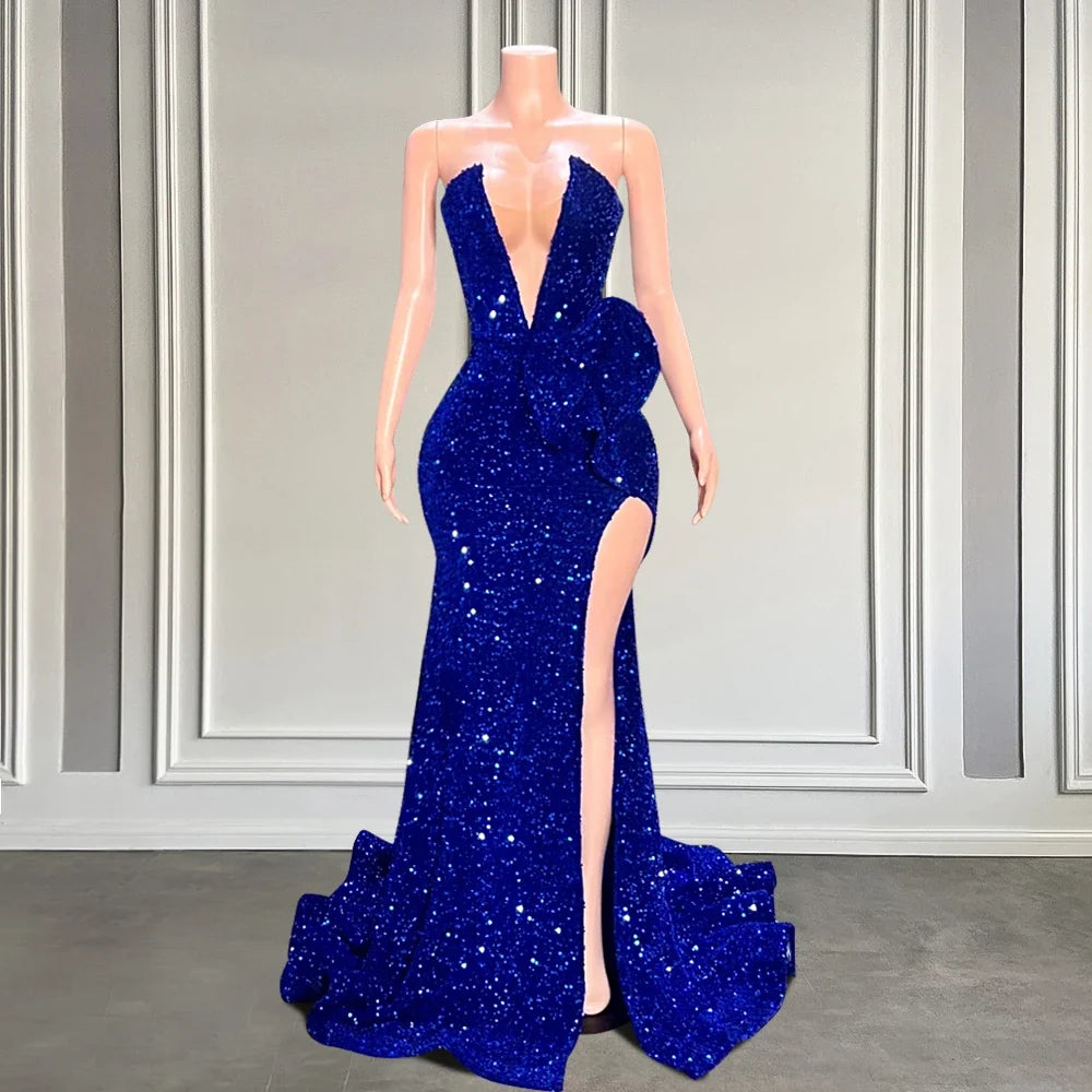 Charming Sequins Long Mermaid Prom Dresses Strapless Sexy High Slit