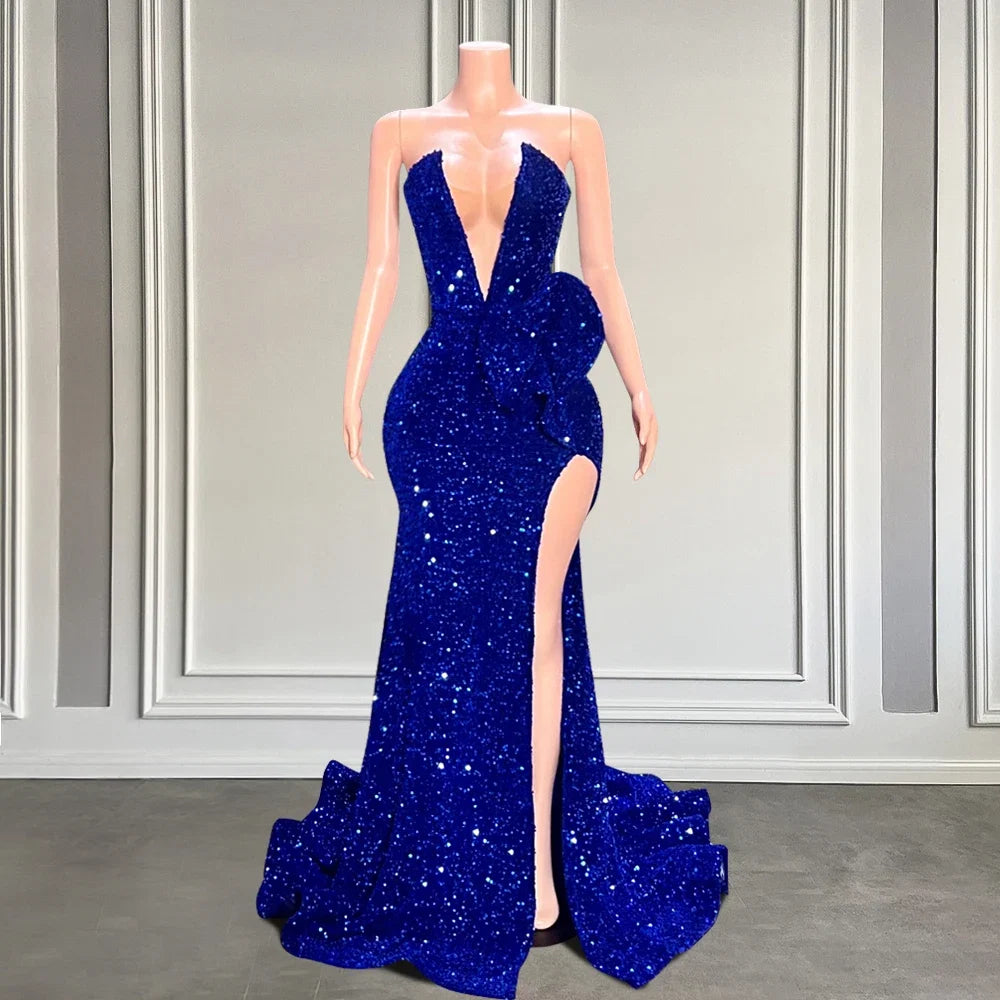 Charming Sequins Long Mermaid Prom Dresses Strapless Sexy High Slit