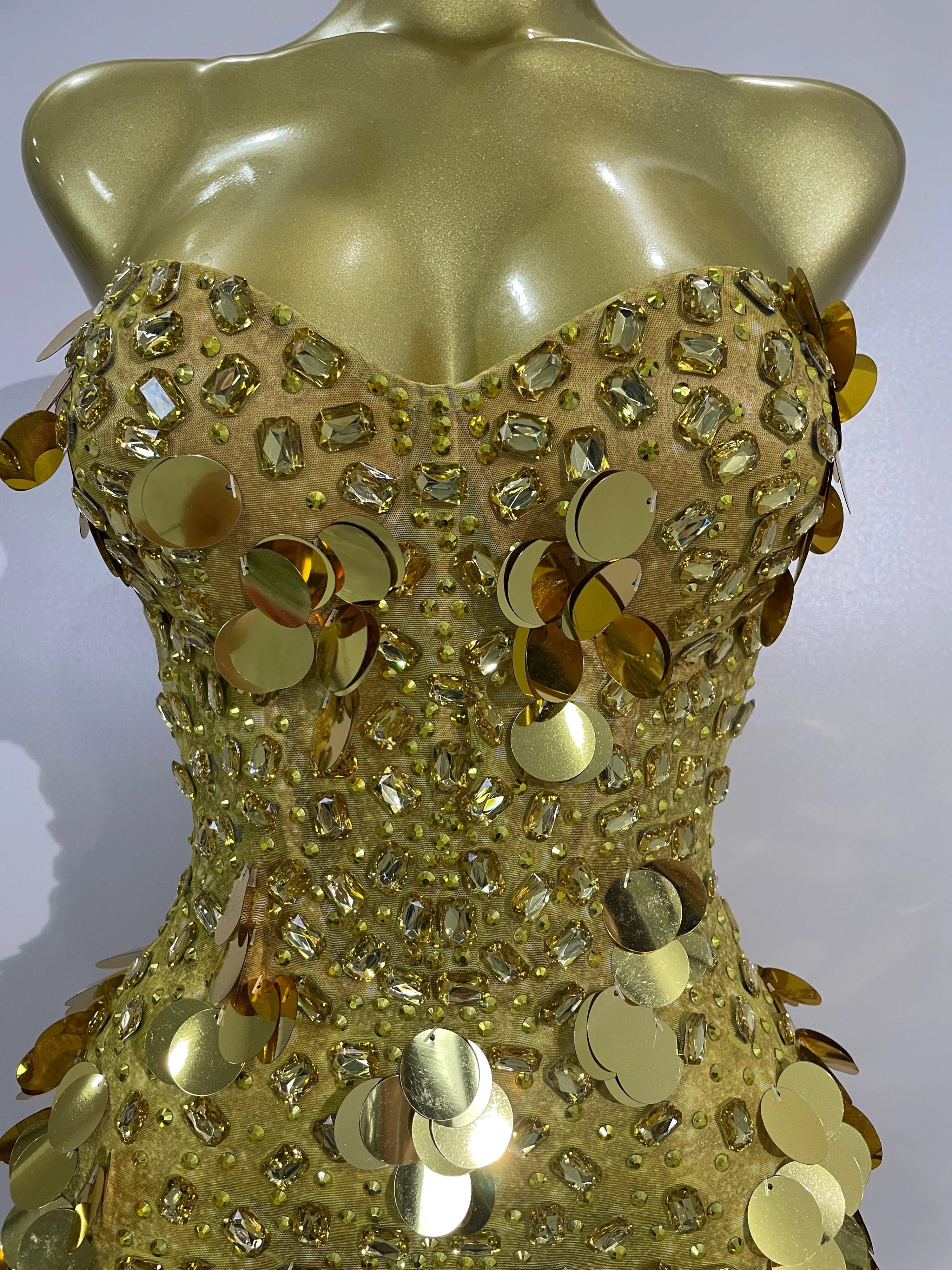 Cordelia Sparkly Gold Rhinestones Sequins Mini Dress