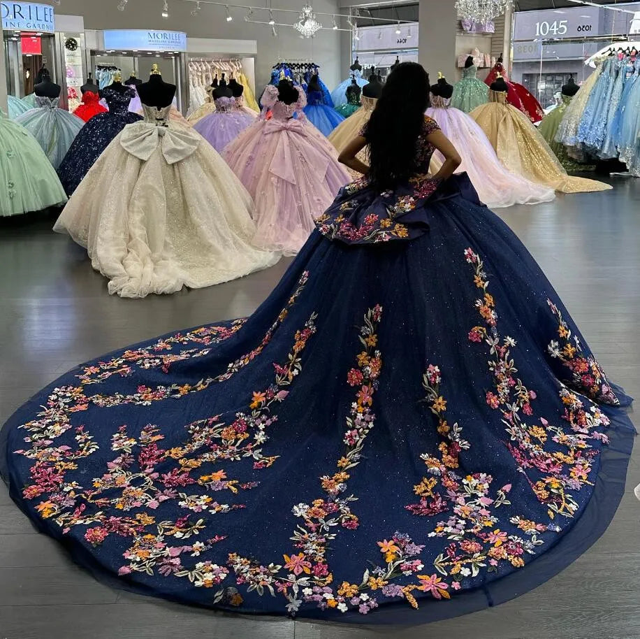 Charro Ruffles Blue Floral Embroidery Quinceanera Dress