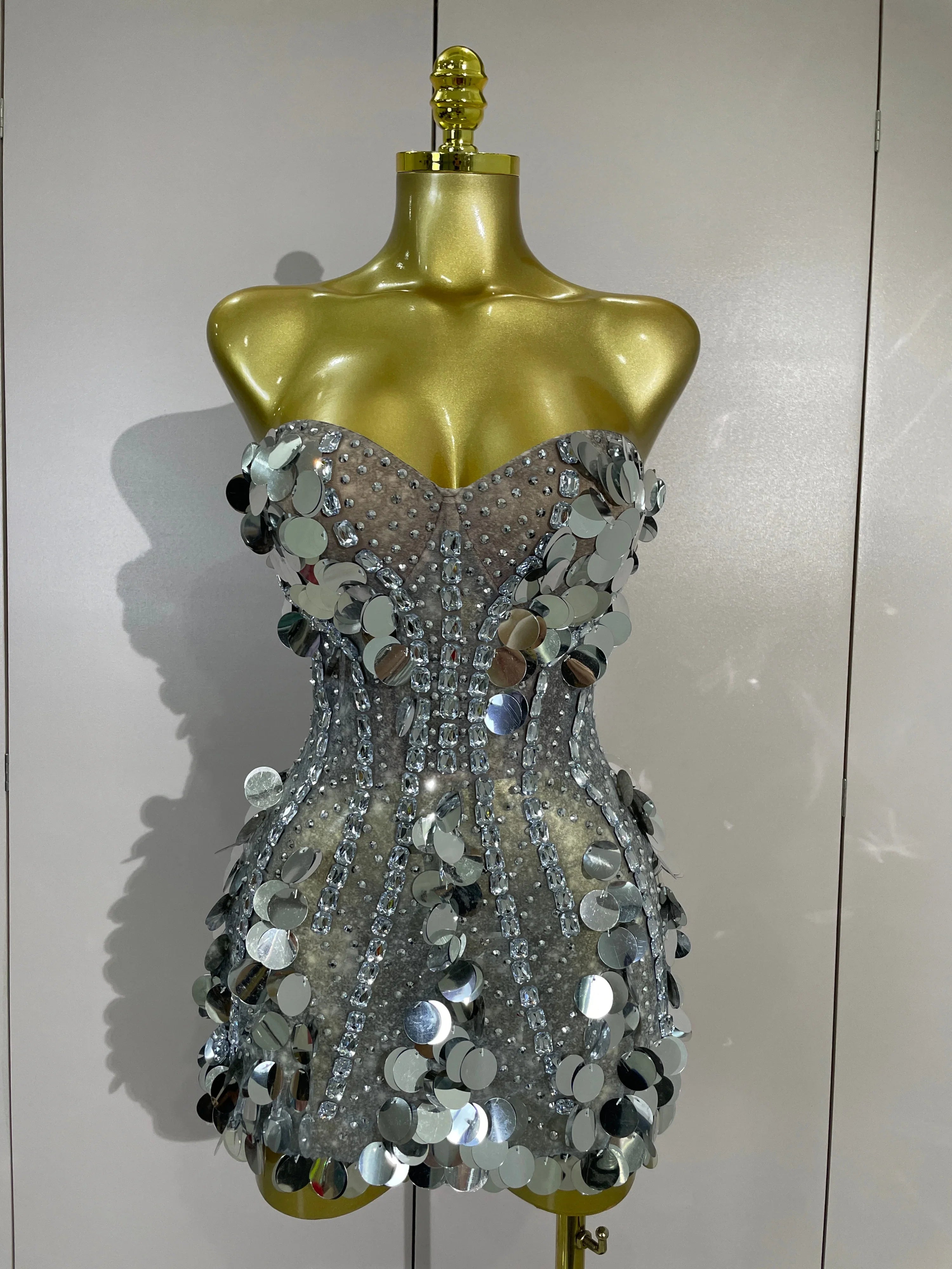 Cordelia Sparkly Gold Rhinestones Sequins Mini Dress