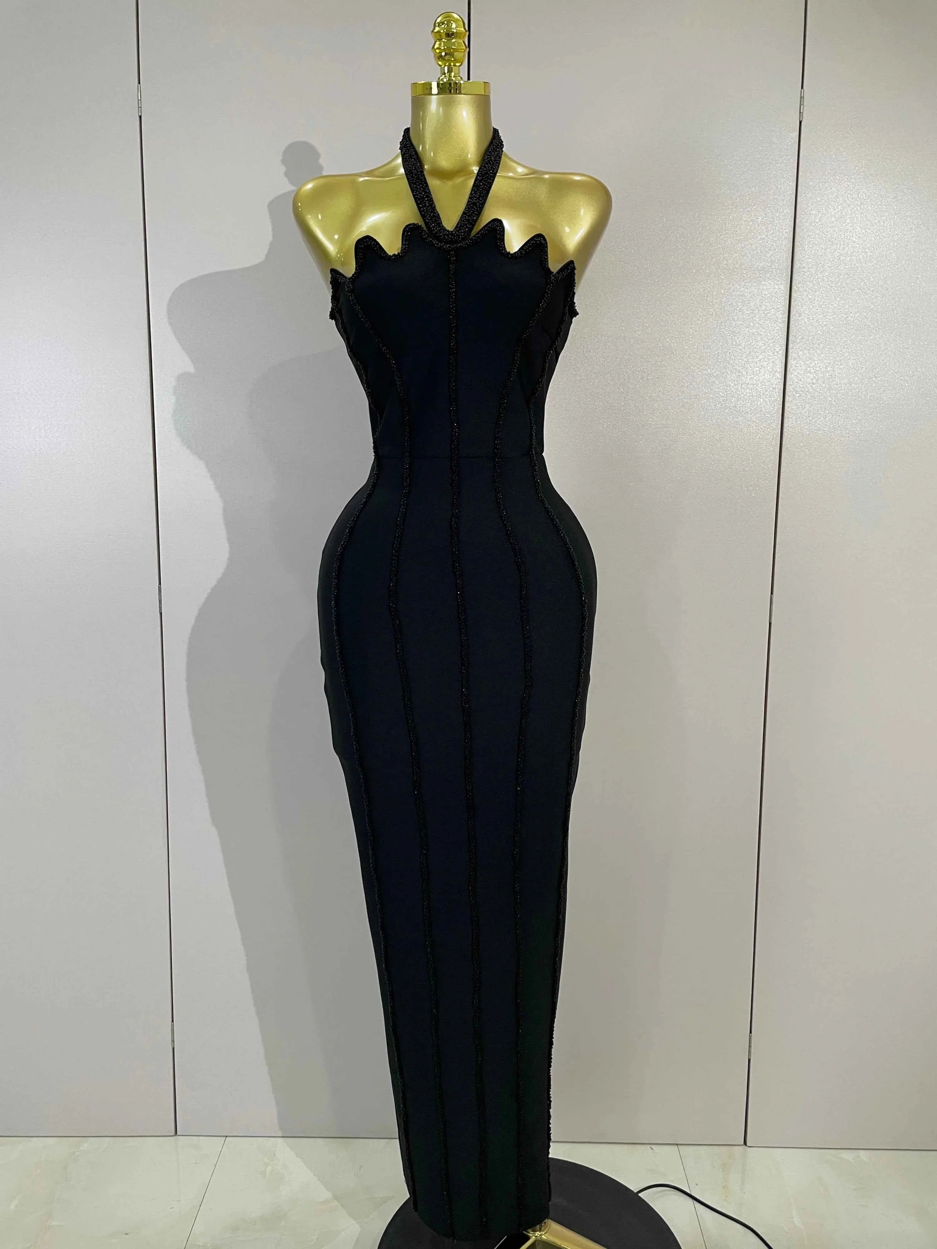 Bianca Sexy Beaded Scalloped Halter Black Bodycon Bandage Maxi Dress