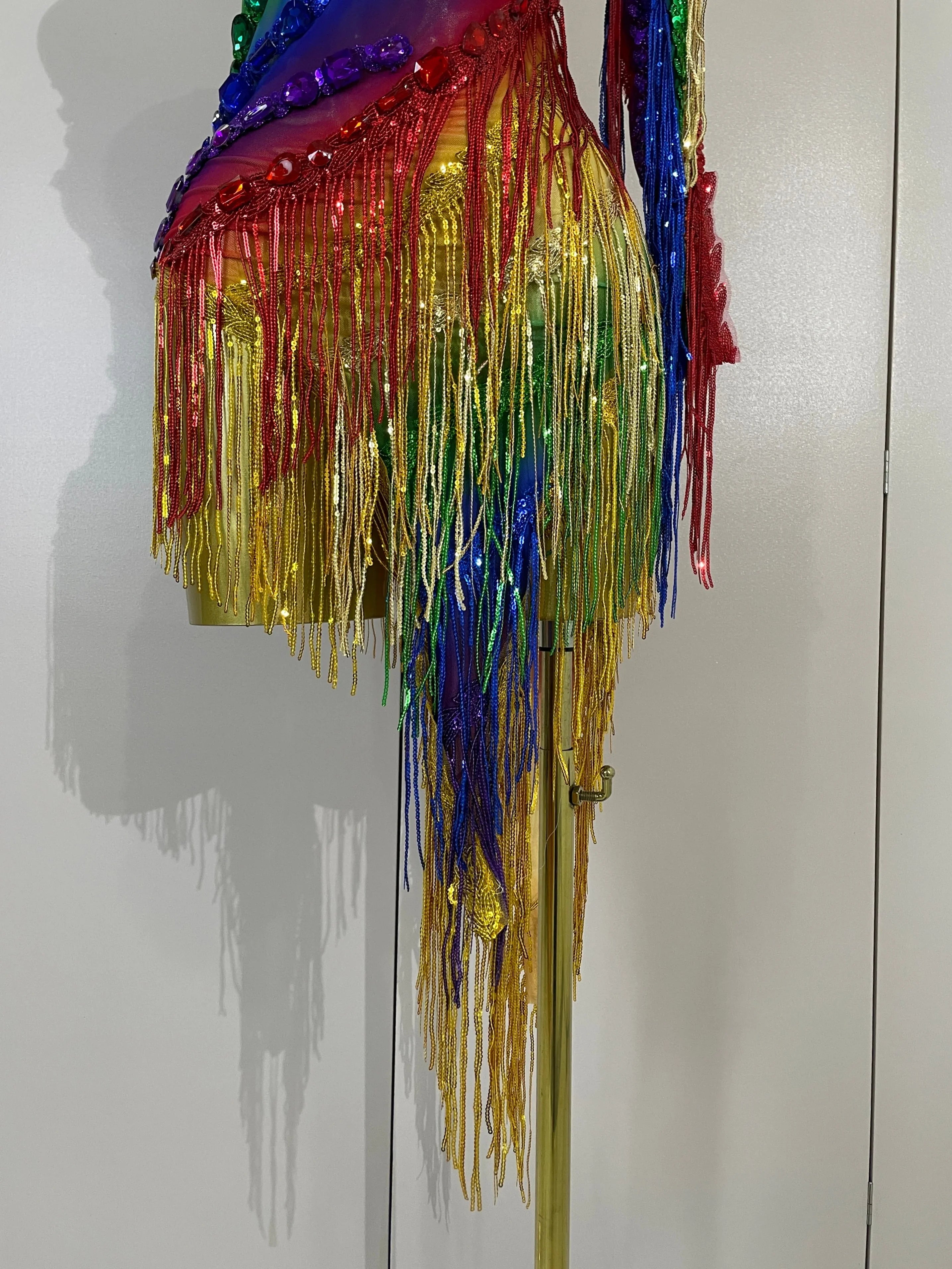 Caitlin Colorful Sparkly Rhinestones One Shoulder Tassel Sexy See-Through Dress