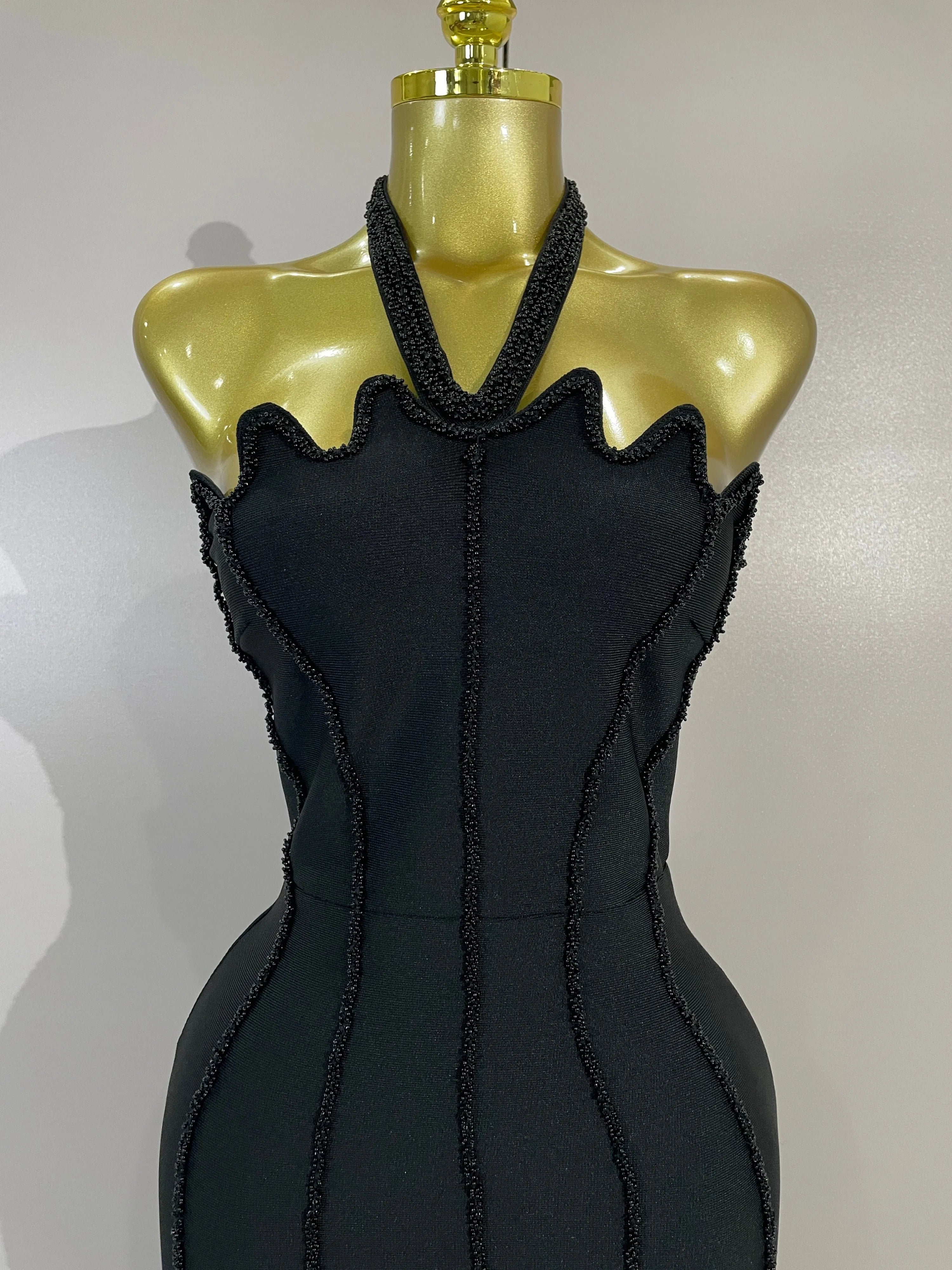 Bianca Sexy Beaded Scalloped Halter Black Bodycon Bandage Maxi Dress