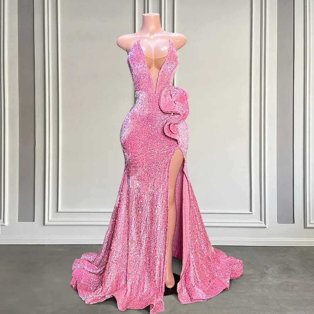 Charming Sequins Long Mermaid Prom Dresses Strapless Sexy High Slit