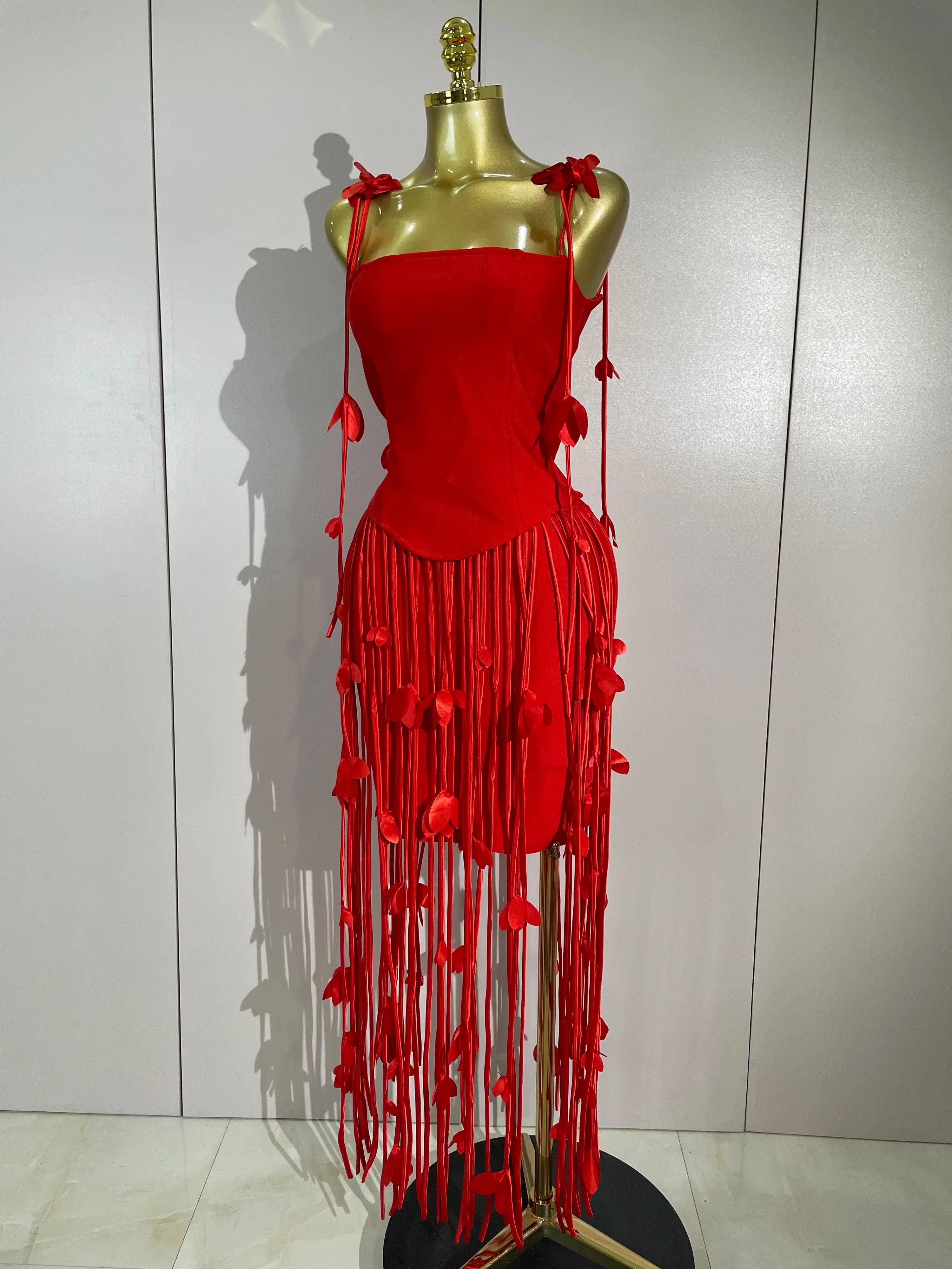 Carmie Elegant Red Strapless Sexy Long Tassel Bandage Dress