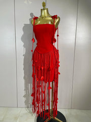 Carmie Elegant Red Strapless Sexy Long Tassel Bandage Dress