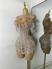 Claren Luxury Pearl & Sparkly Rhinestone Off-Shoulder Mesh Bodycon Mini Dress for Women