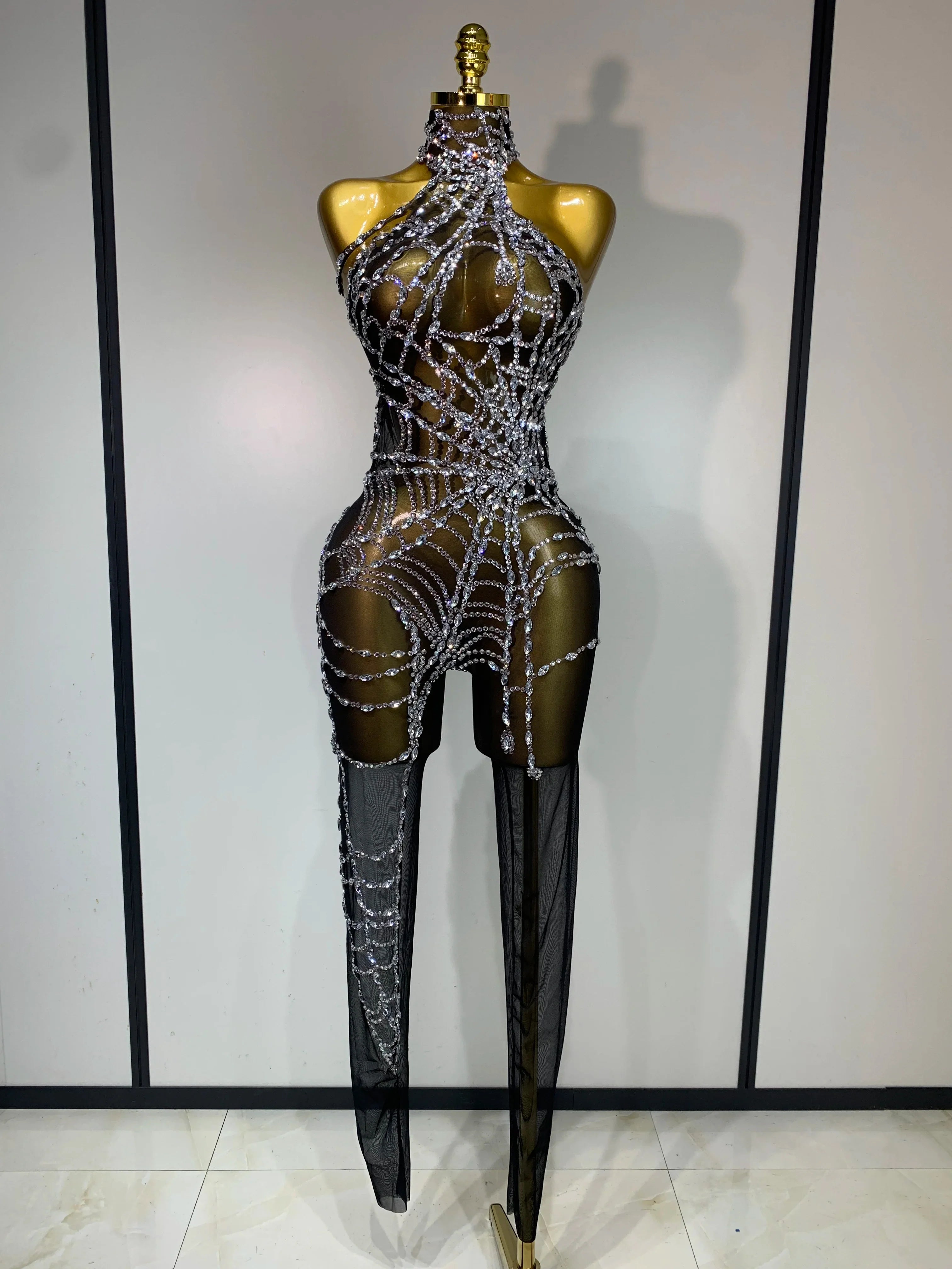 Aisani Sparkly Diamond Sexy Mesh Jumpsuit Outfit