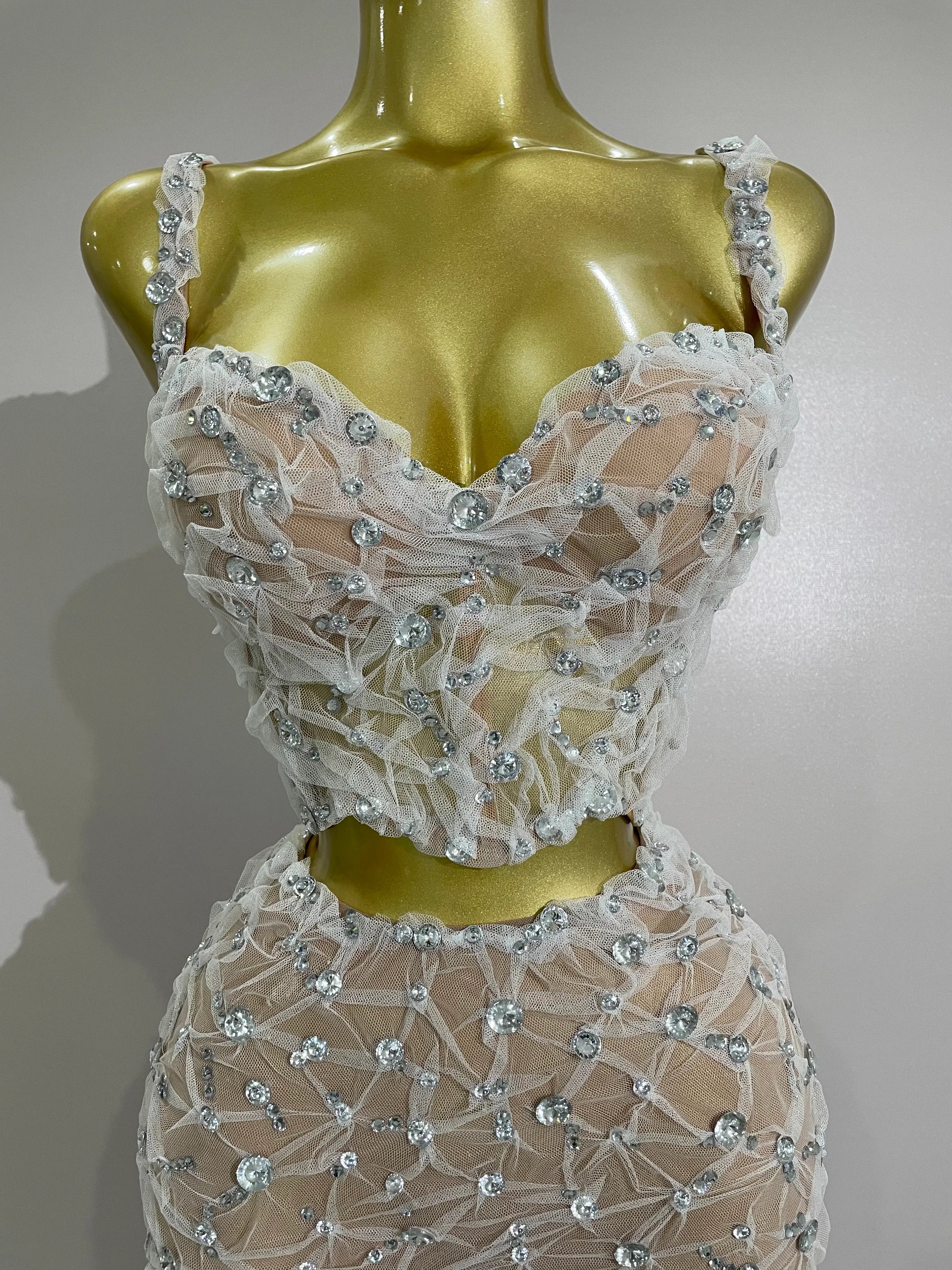 Diane Sparkly Rhinestone Lace Halter Top & Wide-Leg Pants Two-Piece Set