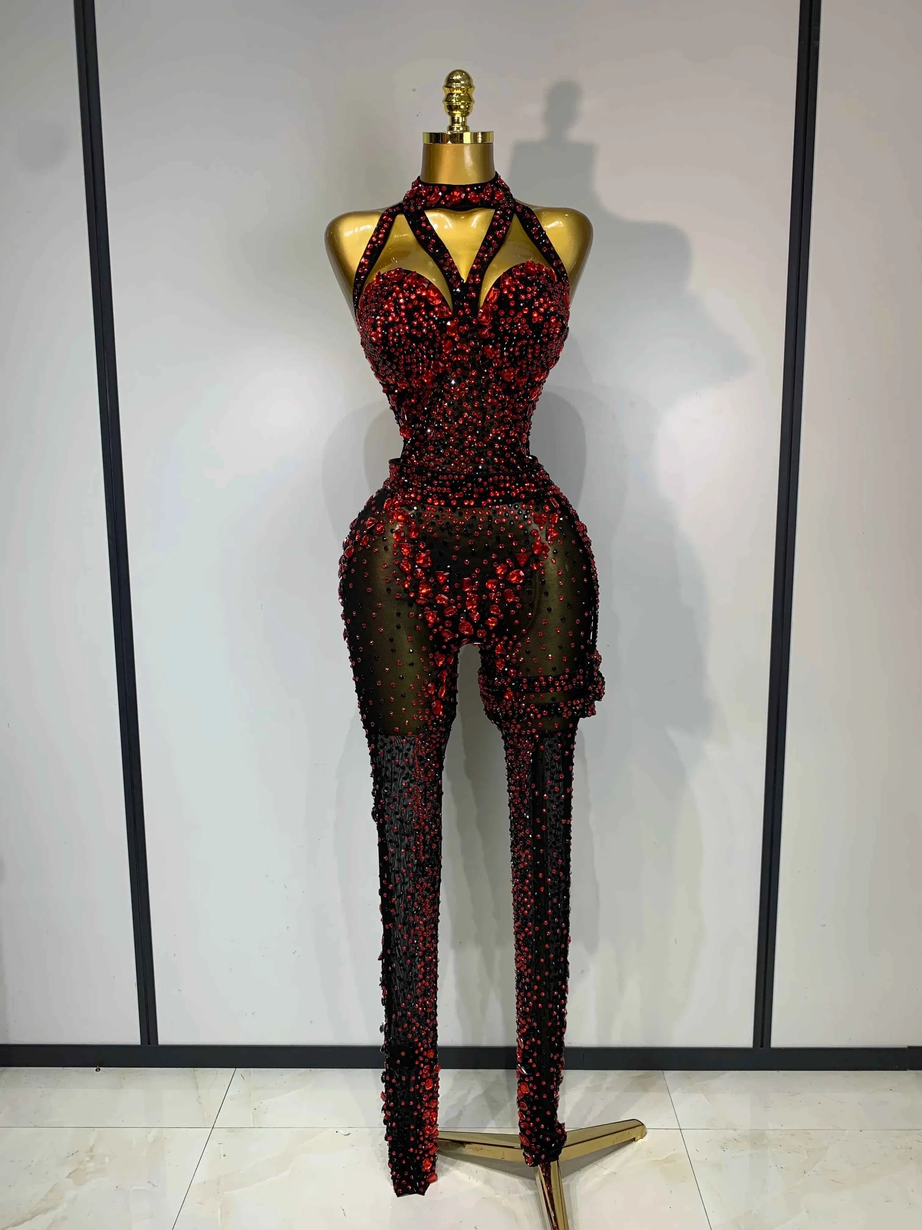 Amanda Backless Red Rhinestone Black Mesh Bodycon Jumpsuit