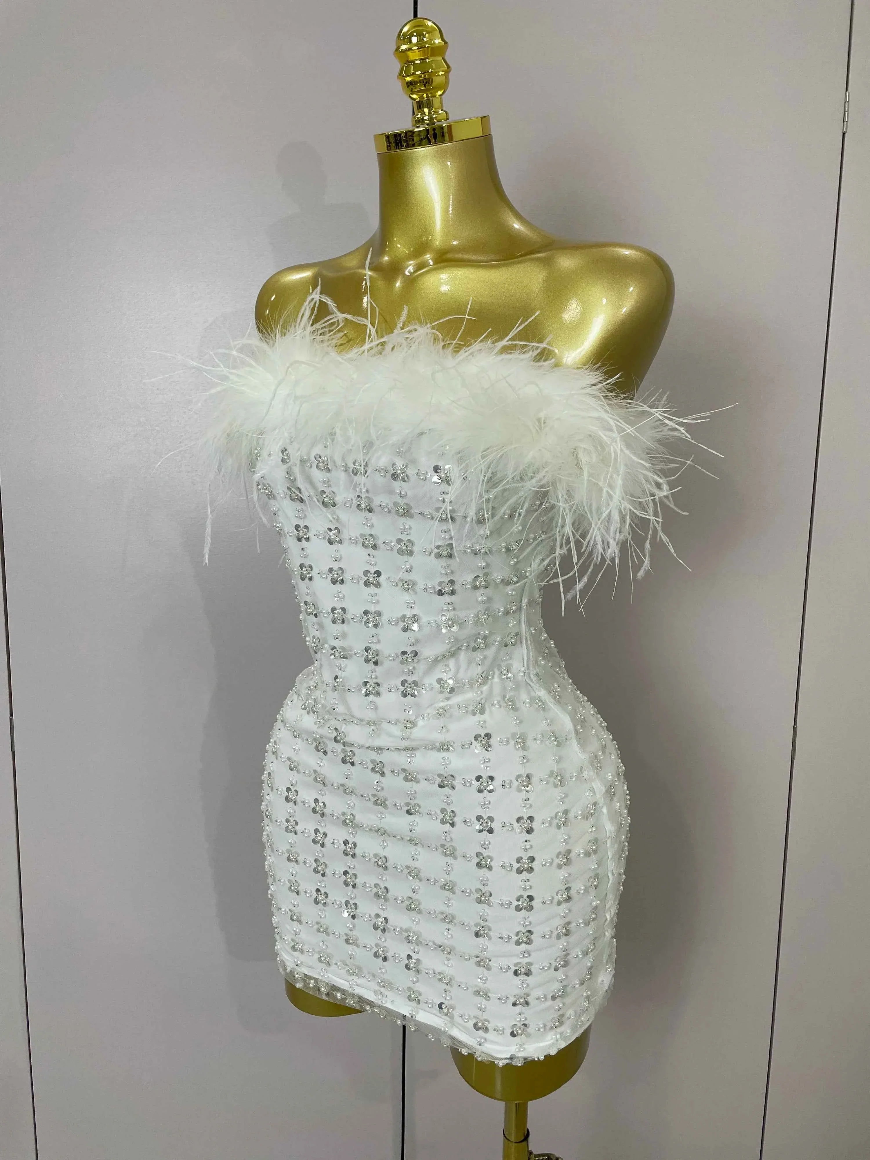 Carmina White Feather Sequin Strapless Bodycon Mini Dress