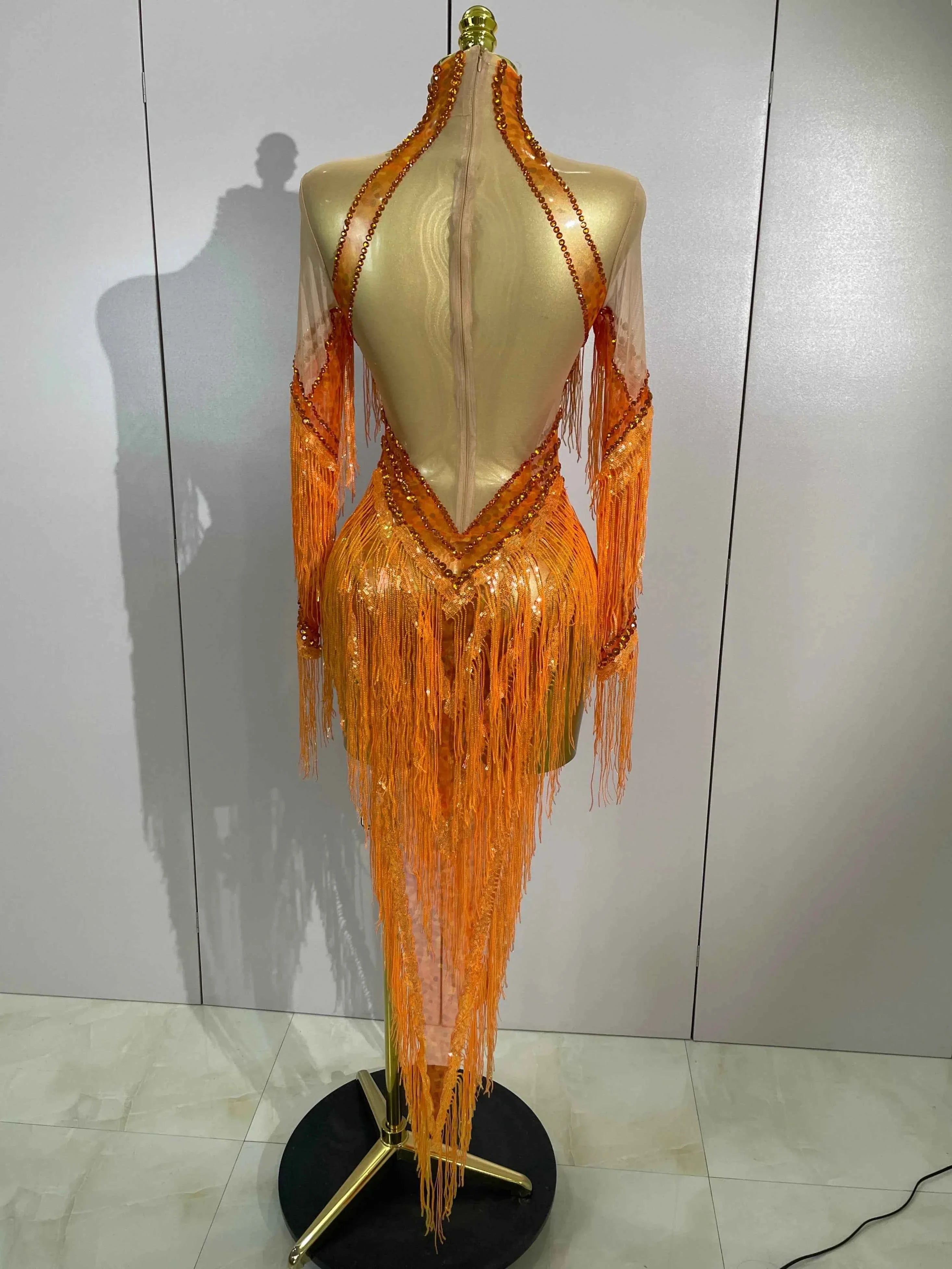 Almira Orange Diamond Tassel Mesh Dance Dress