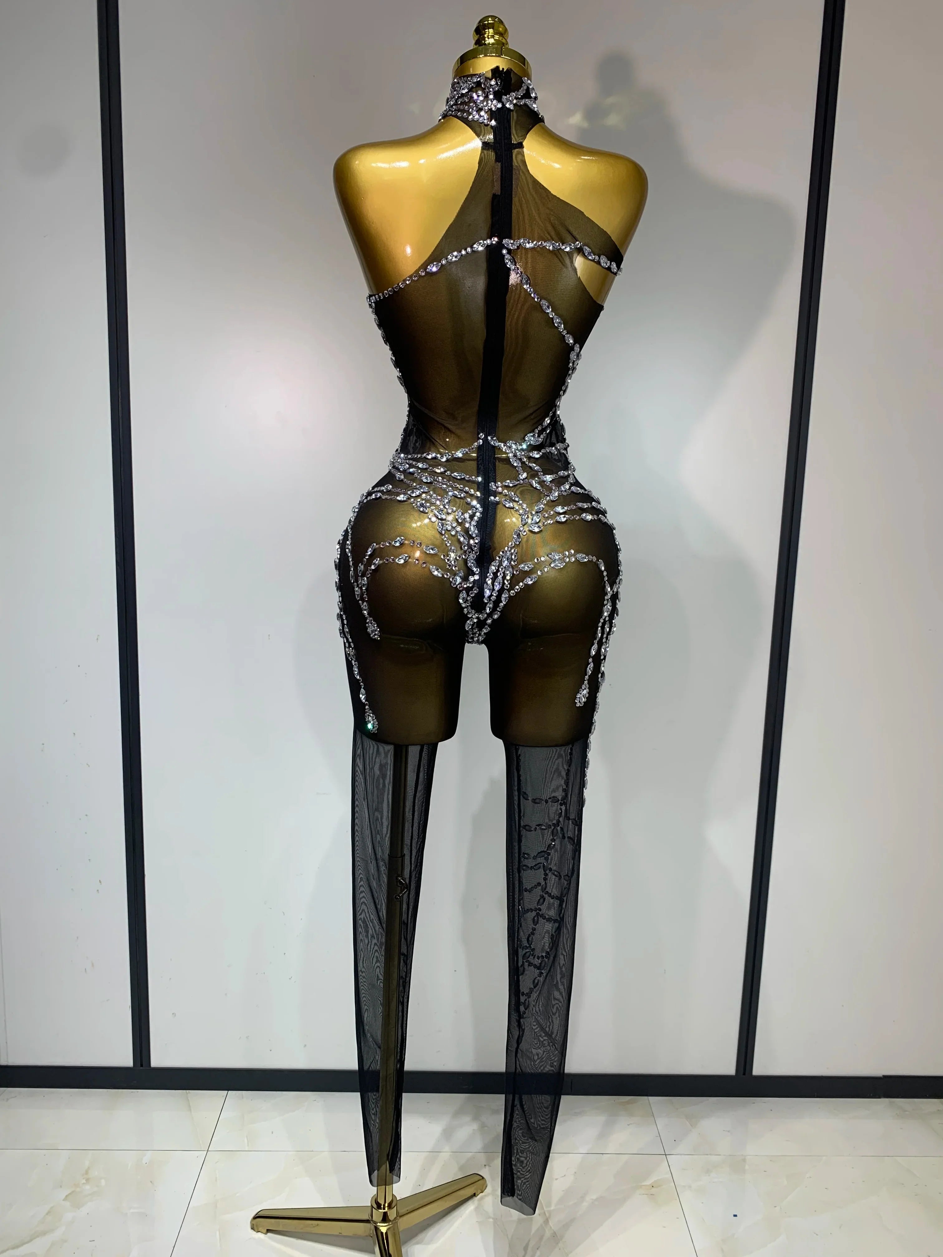 Aisani Sparkly Diamond Sexy Mesh Jumpsuit Outfit