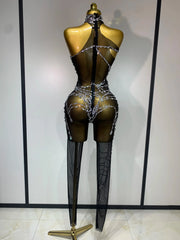 Aisani Sparkly Diamond Sexy Mesh Jumpsuit Outfit