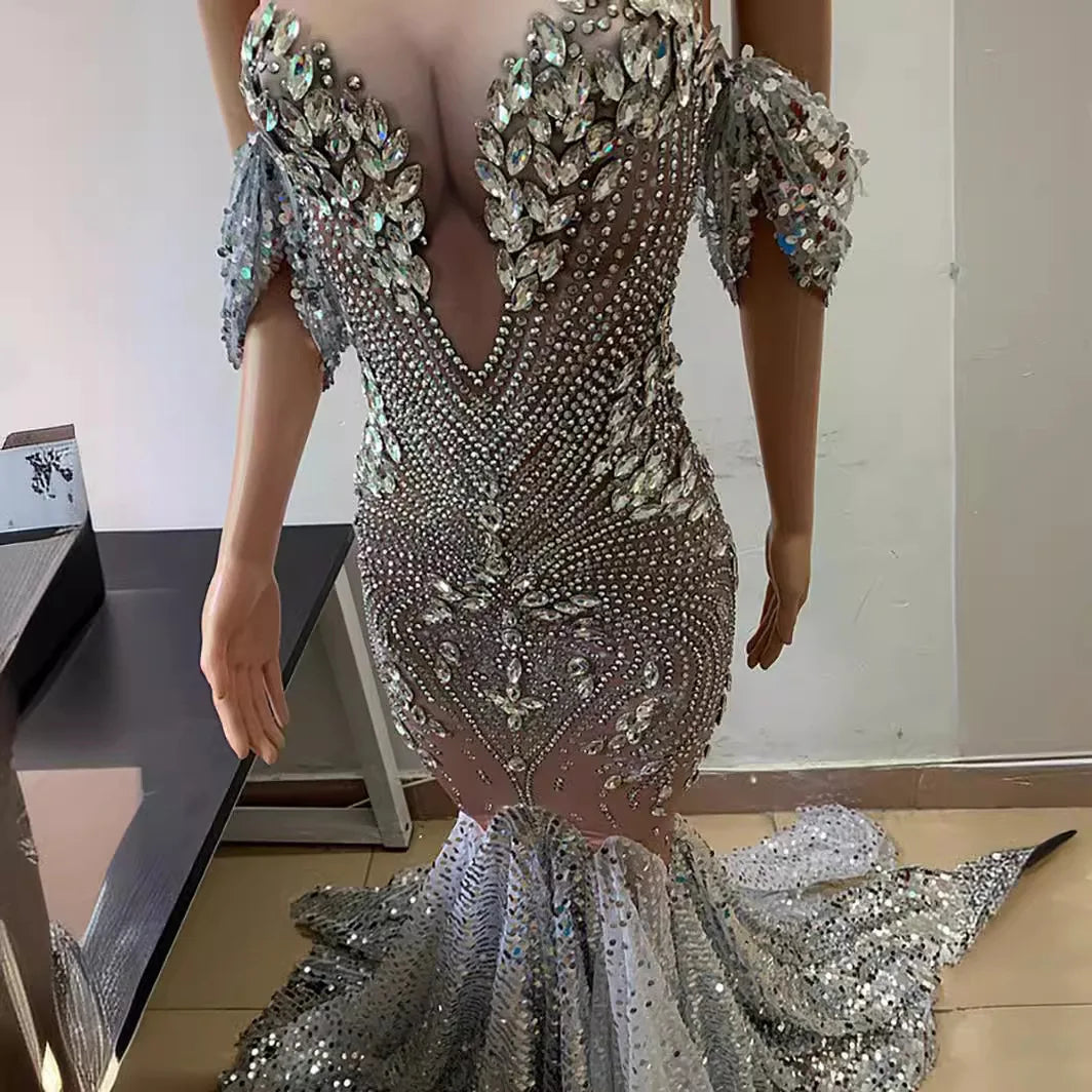 Bright Crystal Sequins Elegant Fishnet Prom Dress