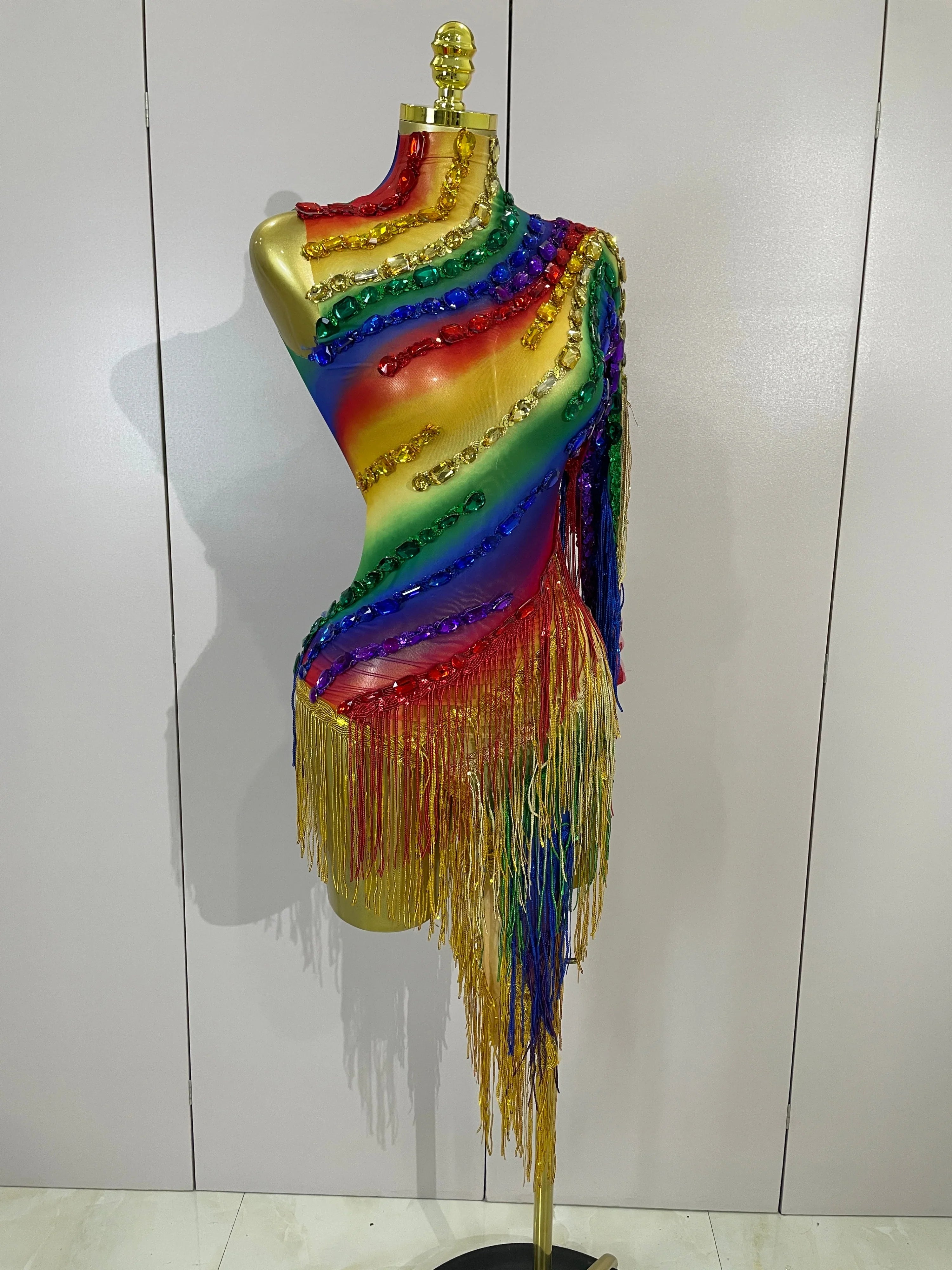 Caitlin Colorful Sparkly Rhinestones One Shoulder Tassel Sexy See-Through Dress