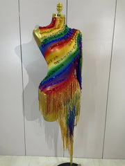 Caitlin Colorful Sparkly Rhinestones One Shoulder Tassel Sexy See-Through Dress
