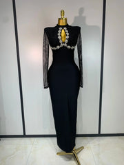 Caroline Black Long Sleeve Beaded Maxi Bandage Dress