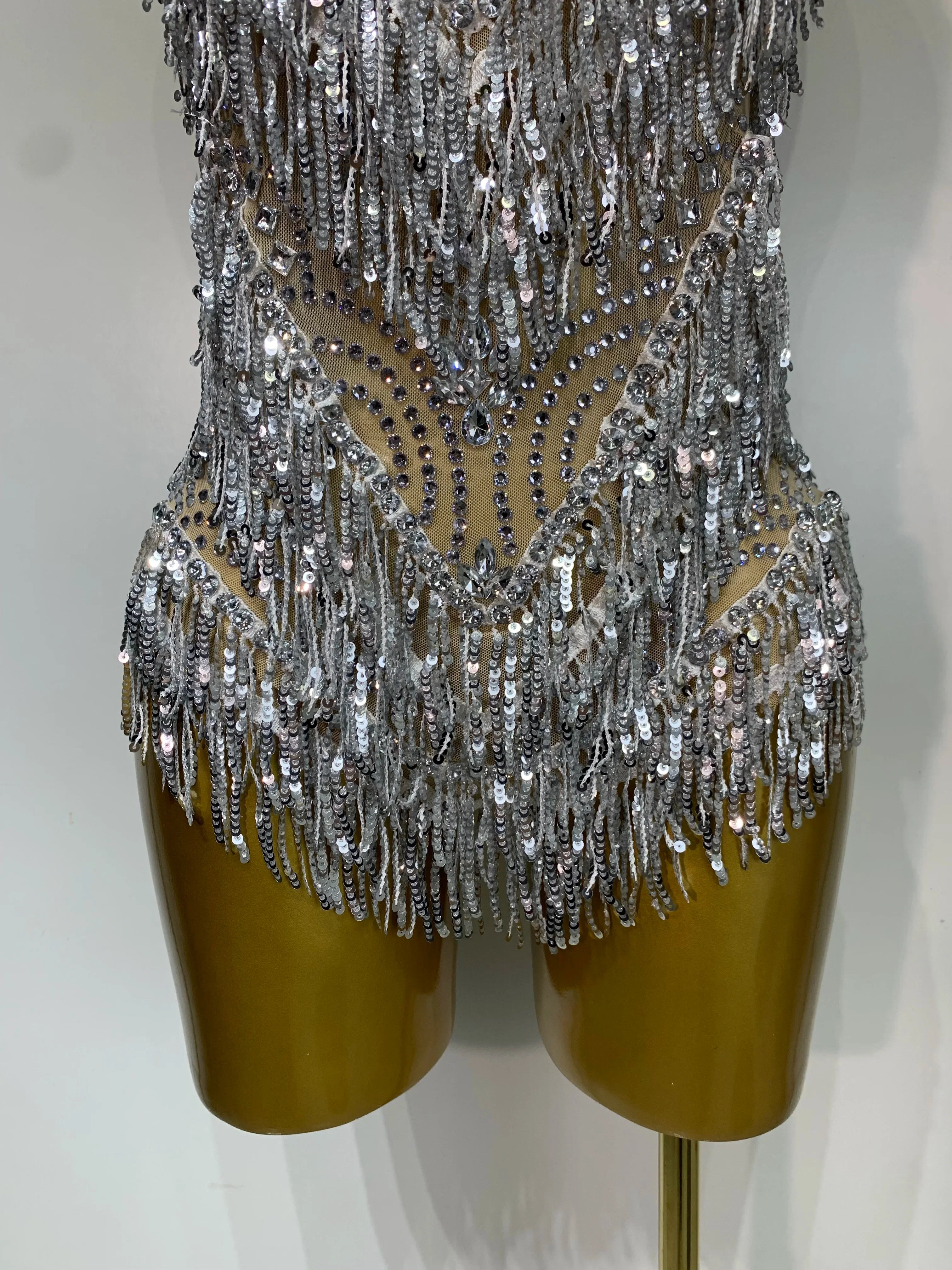 Anne Sparkly Rhinestones Sequins Tassel Sexy See-Through Bodysuit