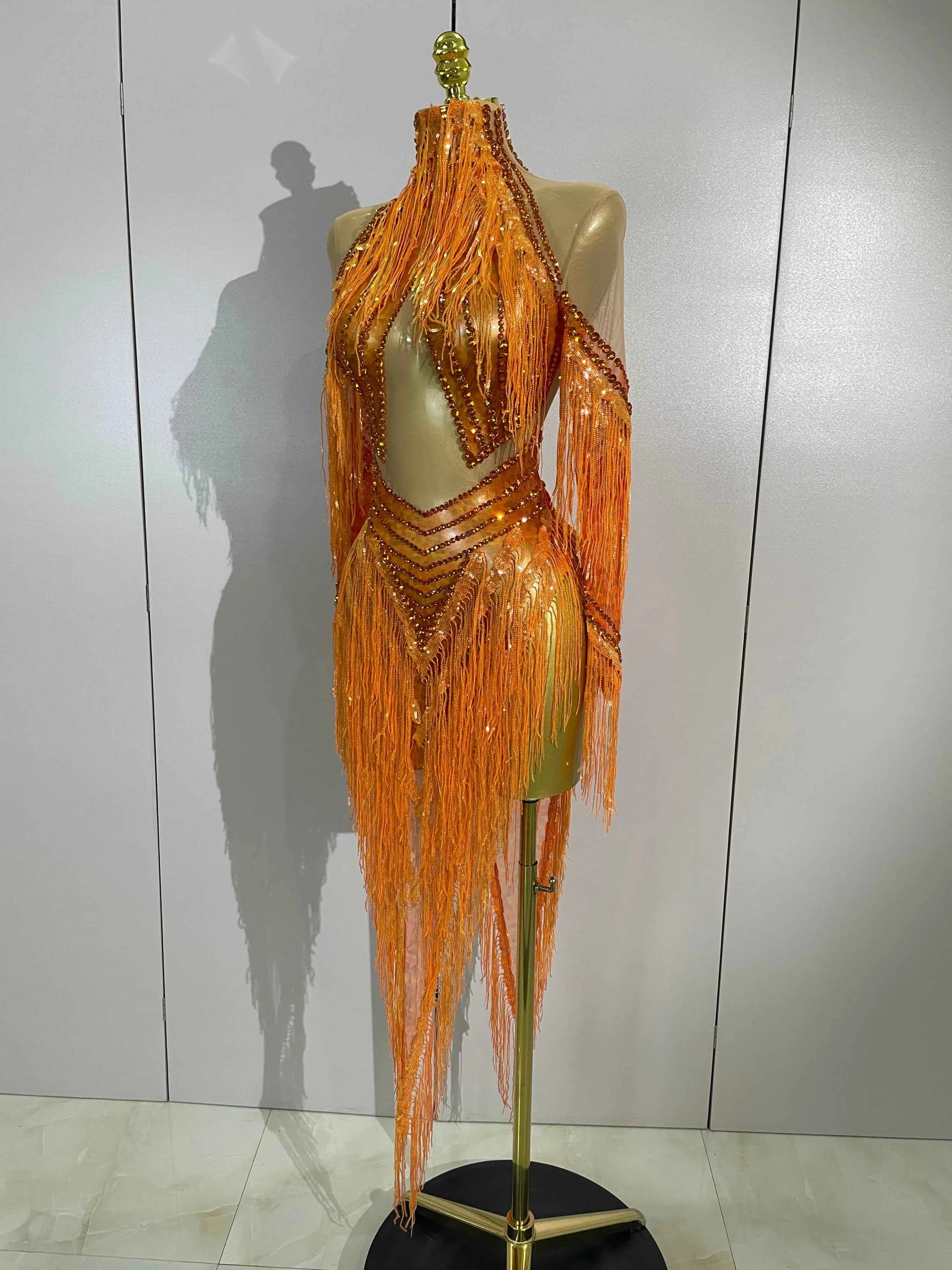 Almira Orange Diamond Tassel Mesh Dance Dress