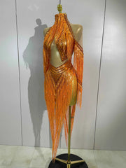 Almira Orange Diamond Tassel Mesh Dance Dress