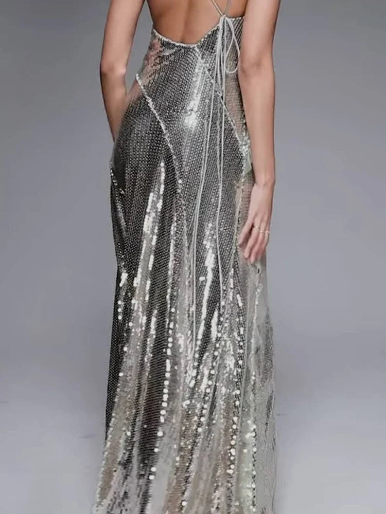 Arya Starry Silver Sequin Backless Dress with Ruffle Mesh Details