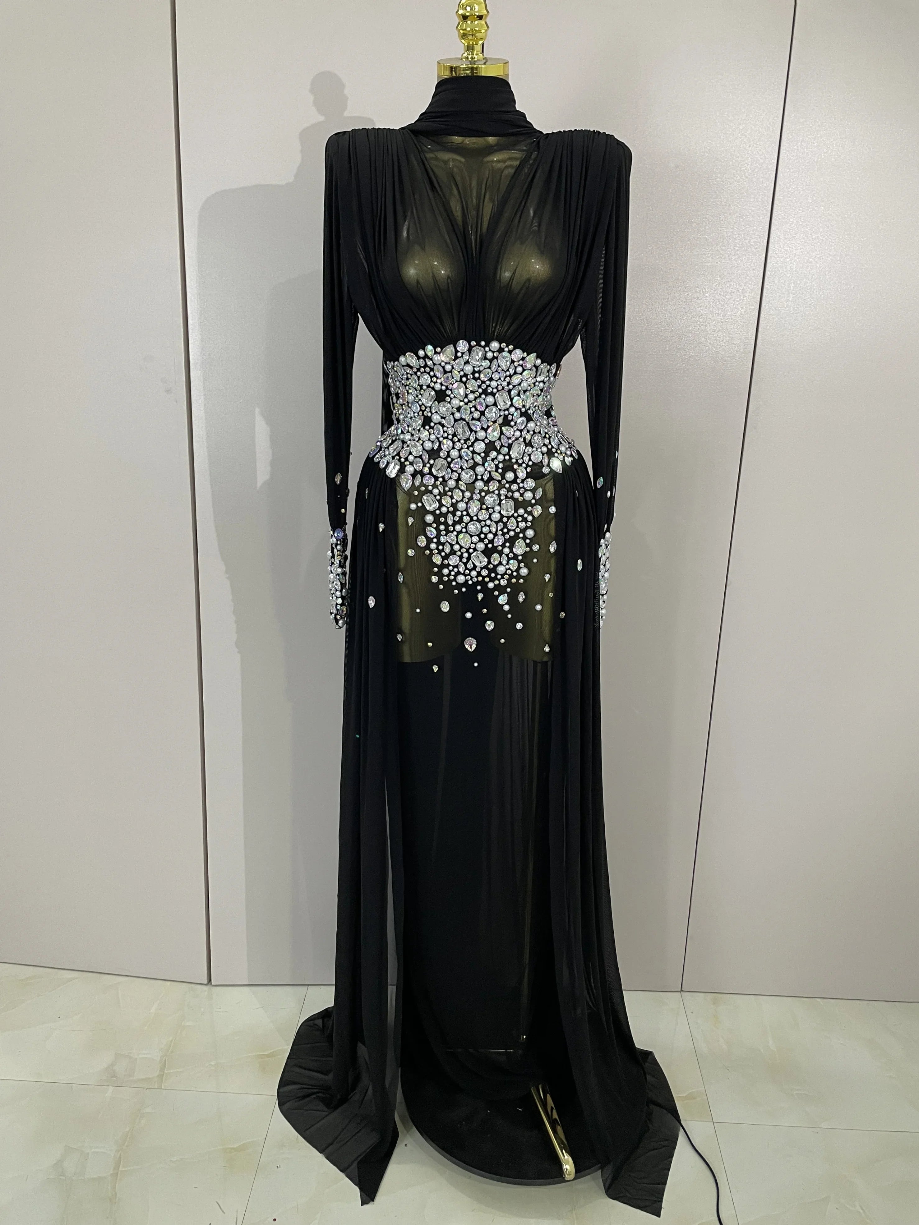 Dana White Diamond Mesh Long Sleeve Abaya Maxi Dress