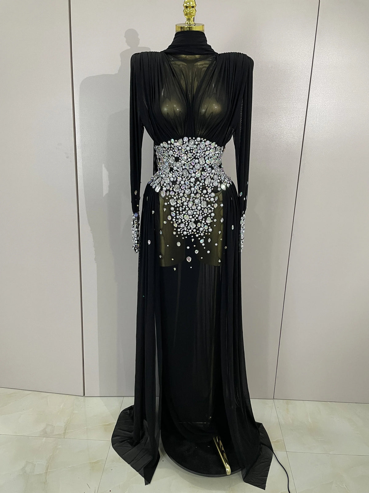 Dana White Diamond Mesh Long Sleeve Abaya Maxi Dress