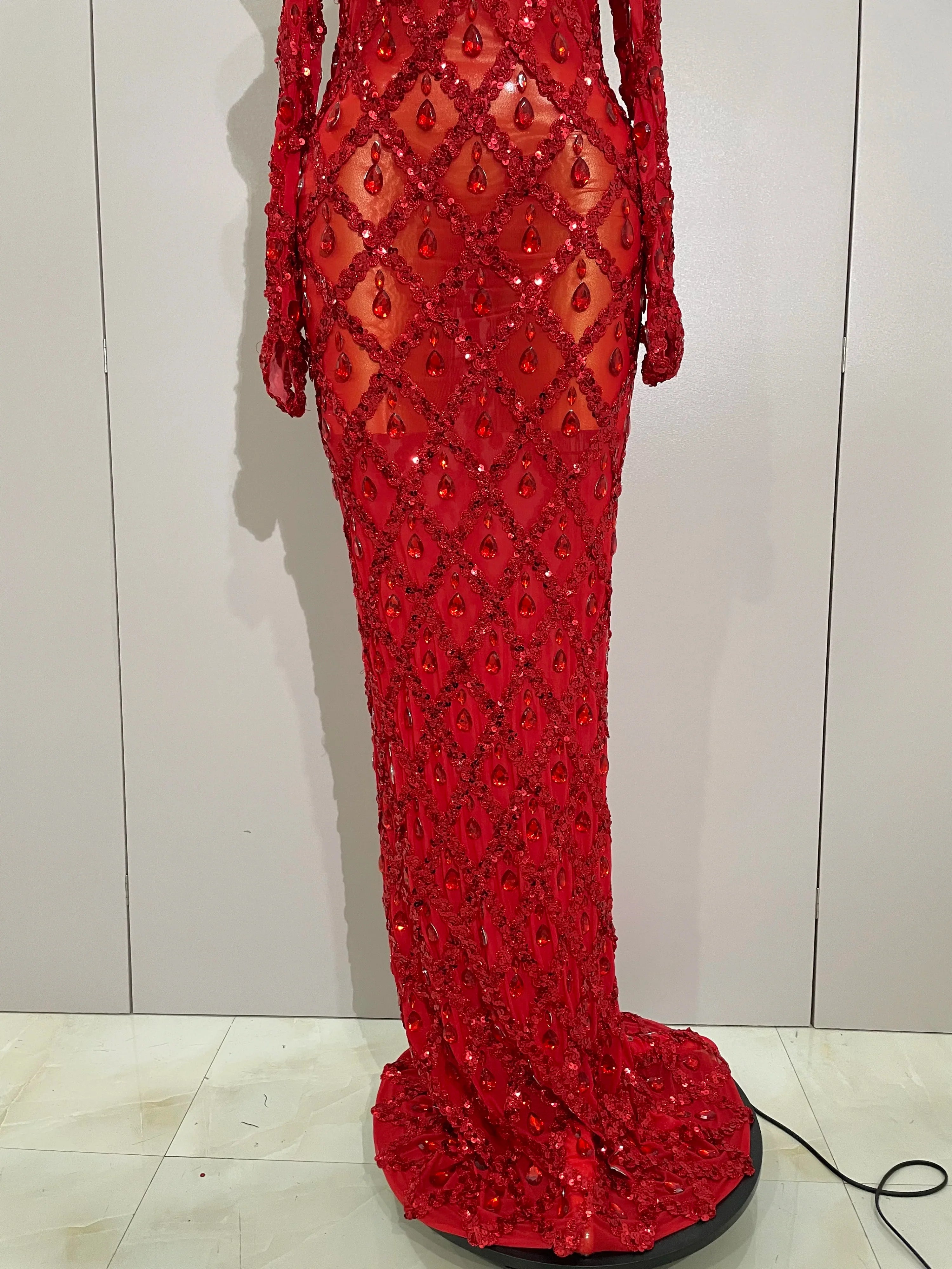 Avery Sparkly Rhinestones Halter Mesh Long Dress With Gloves