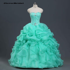 Diamond Beaded Organza Ruffled Lime Green Quinceanera Dress