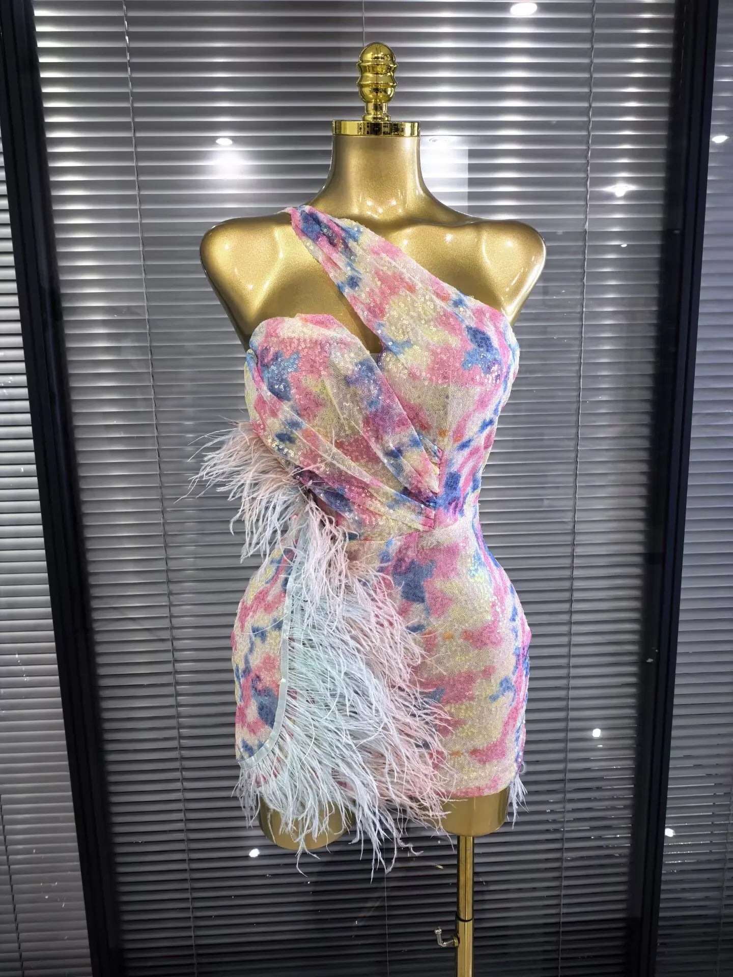 Arabella Sequin One-Shoulder Feather Bodycon Mini Dress