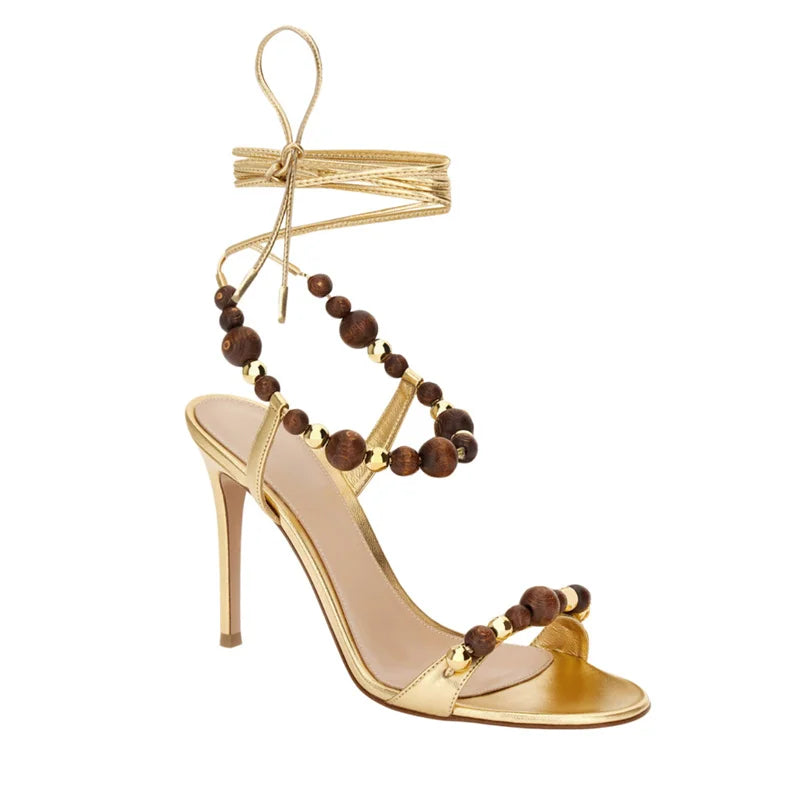 Bohemian Beaded  Ankle Wrap Stiletto Sandals Leather Open-Toe Lace-Up High Heels