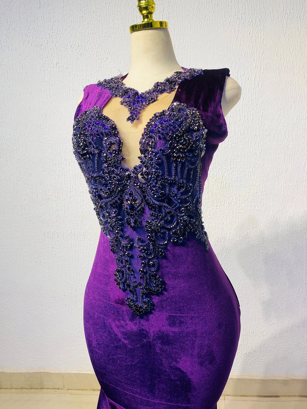 Charming Purple Velvet Mermaid Prom Dress with Embroidery