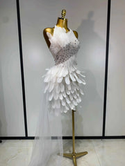 Cheska Sexy Halter Backless Feather Evening Party Dress