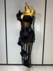 Diana One-Shoulder Bow Mesh Bodycon Dress with Gloves