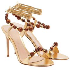 Bohemian Beaded  Ankle Wrap Stiletto Sandals Leather Open-Toe Lace-Up High Heels