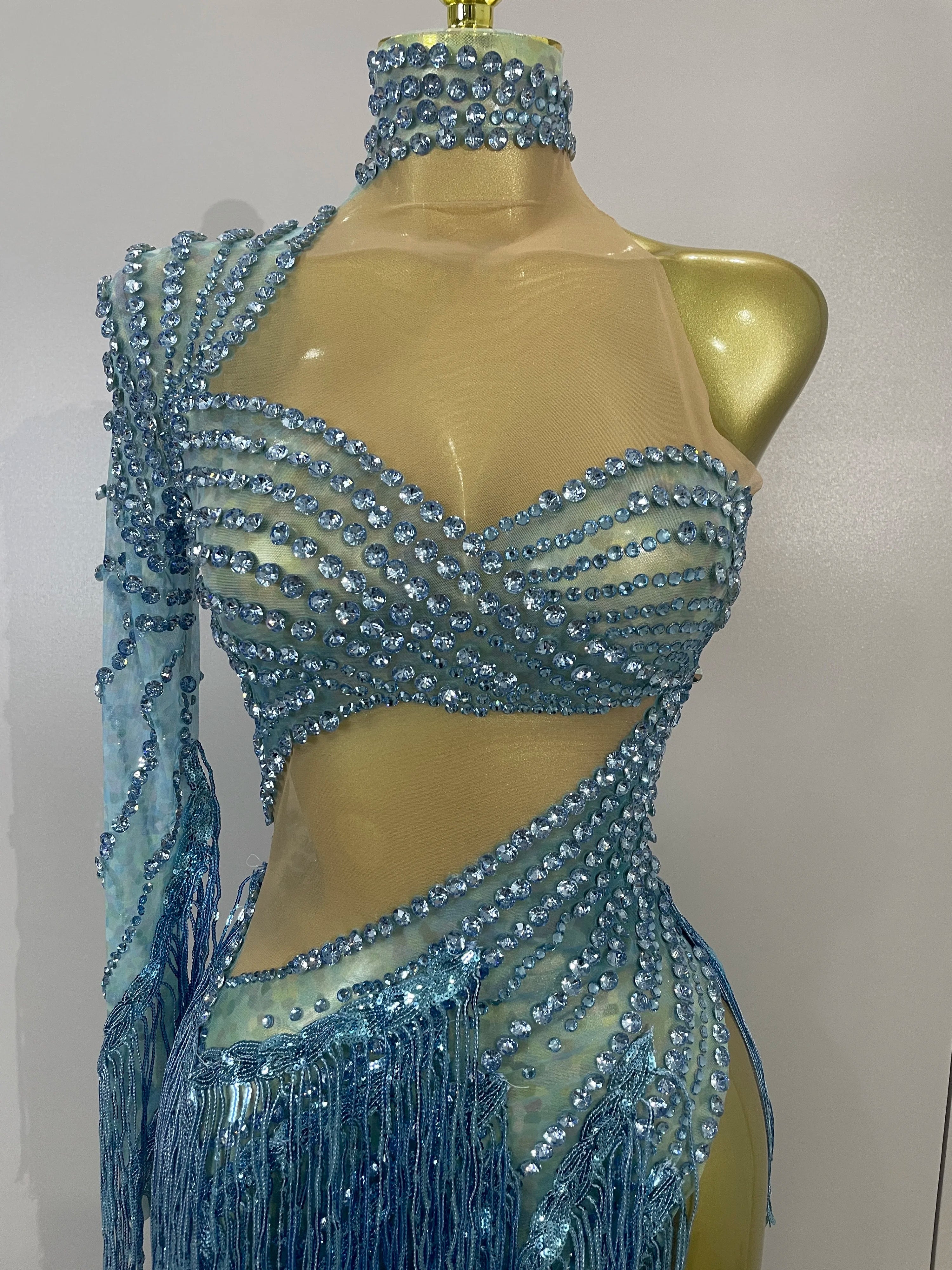 Ailanny  Sparkly Diamond Blue Rhinestone Mesh One Shoulder Tassel Dress