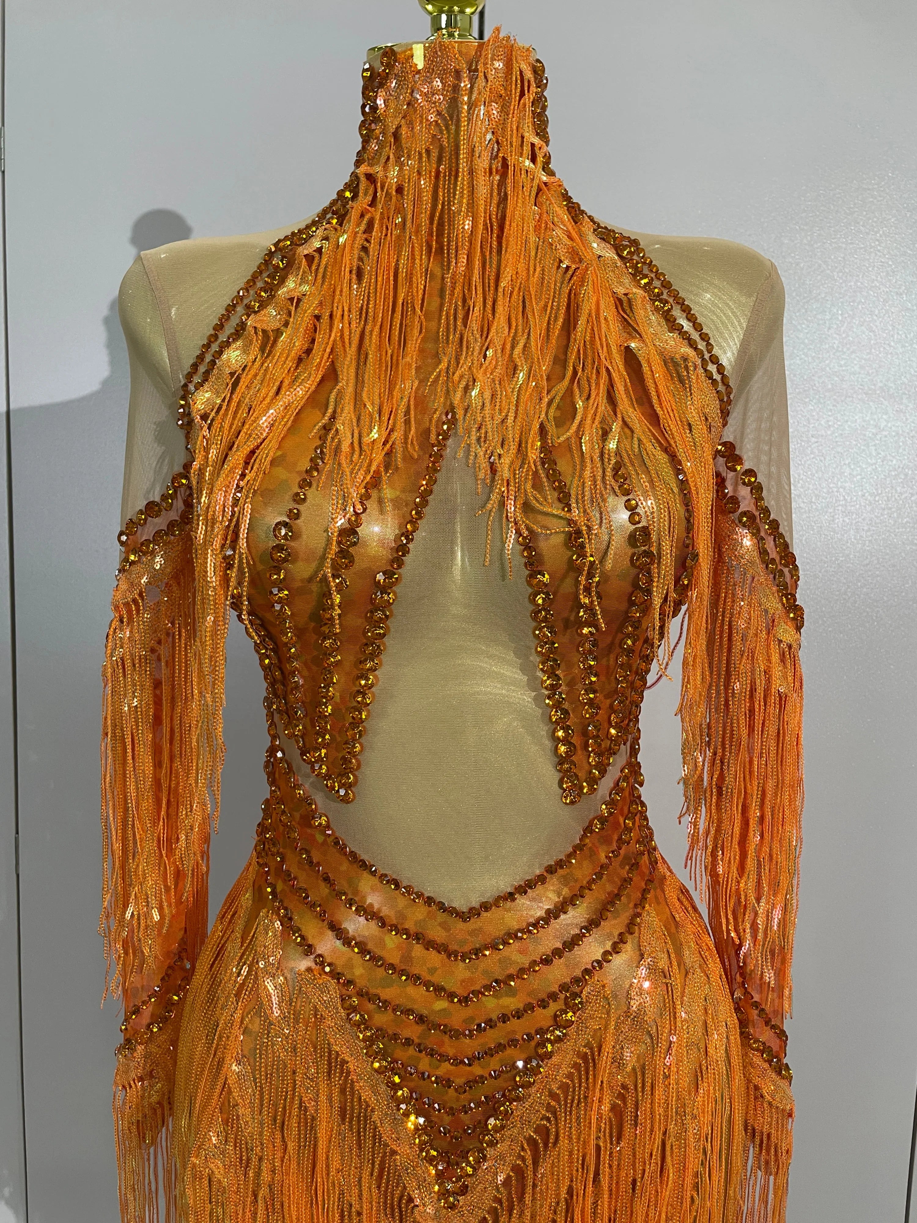 Almira Orange Diamond Tassel Mesh Dance Dress