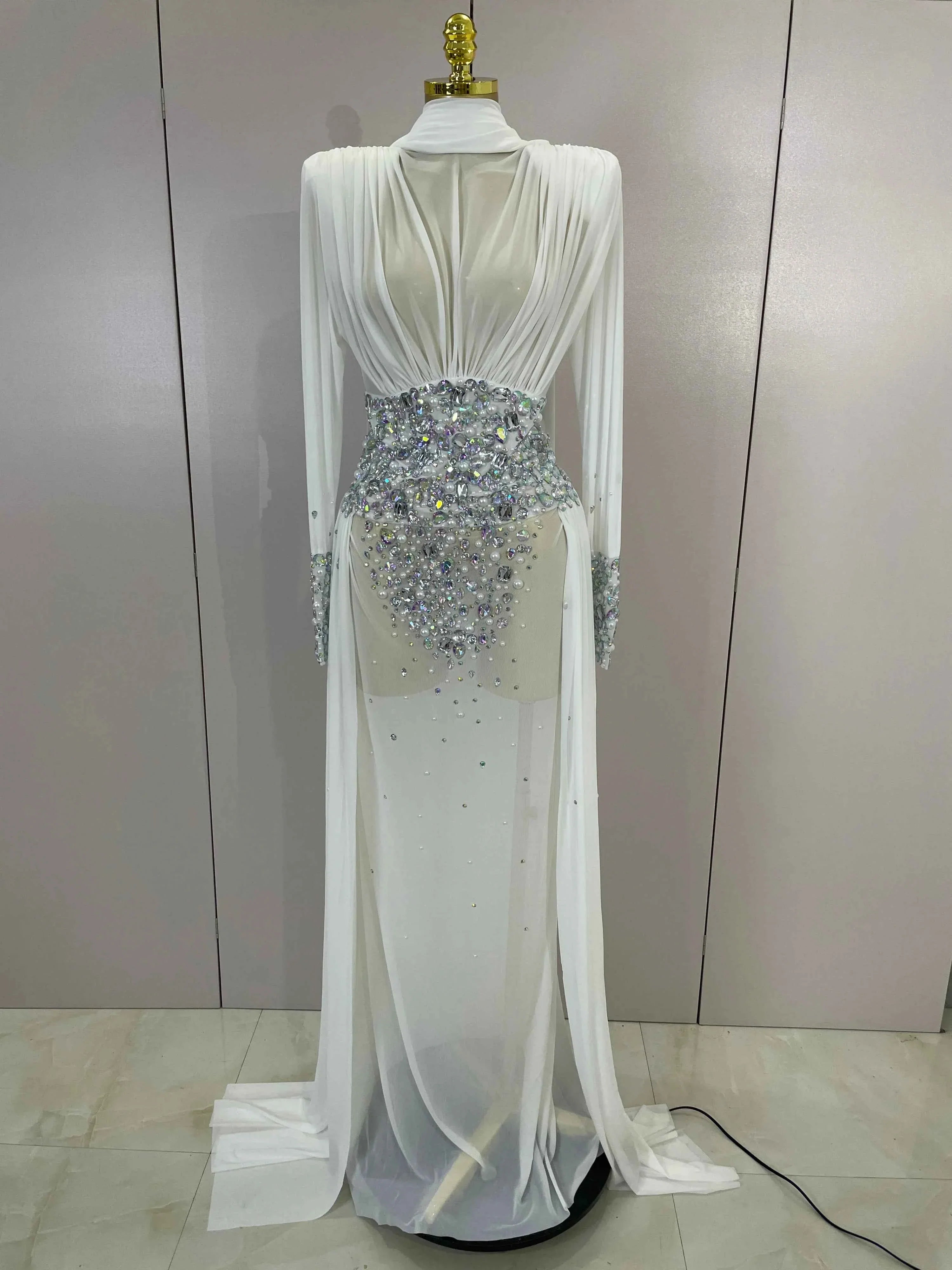Dana White Diamond Mesh Long Sleeve Abaya Maxi Dress
