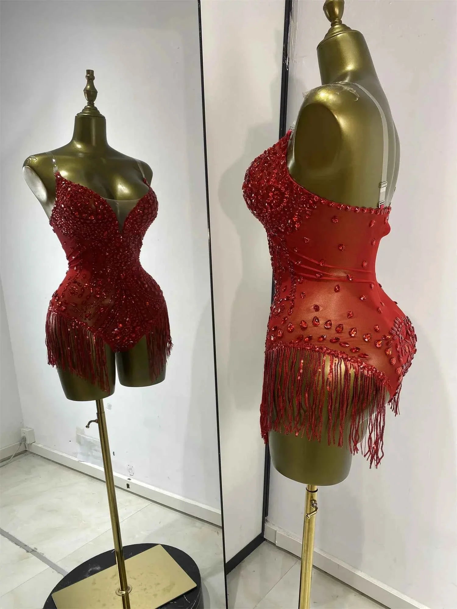 Bridgette Red Rhinestone Tassel Mesh Bodysuit for Women