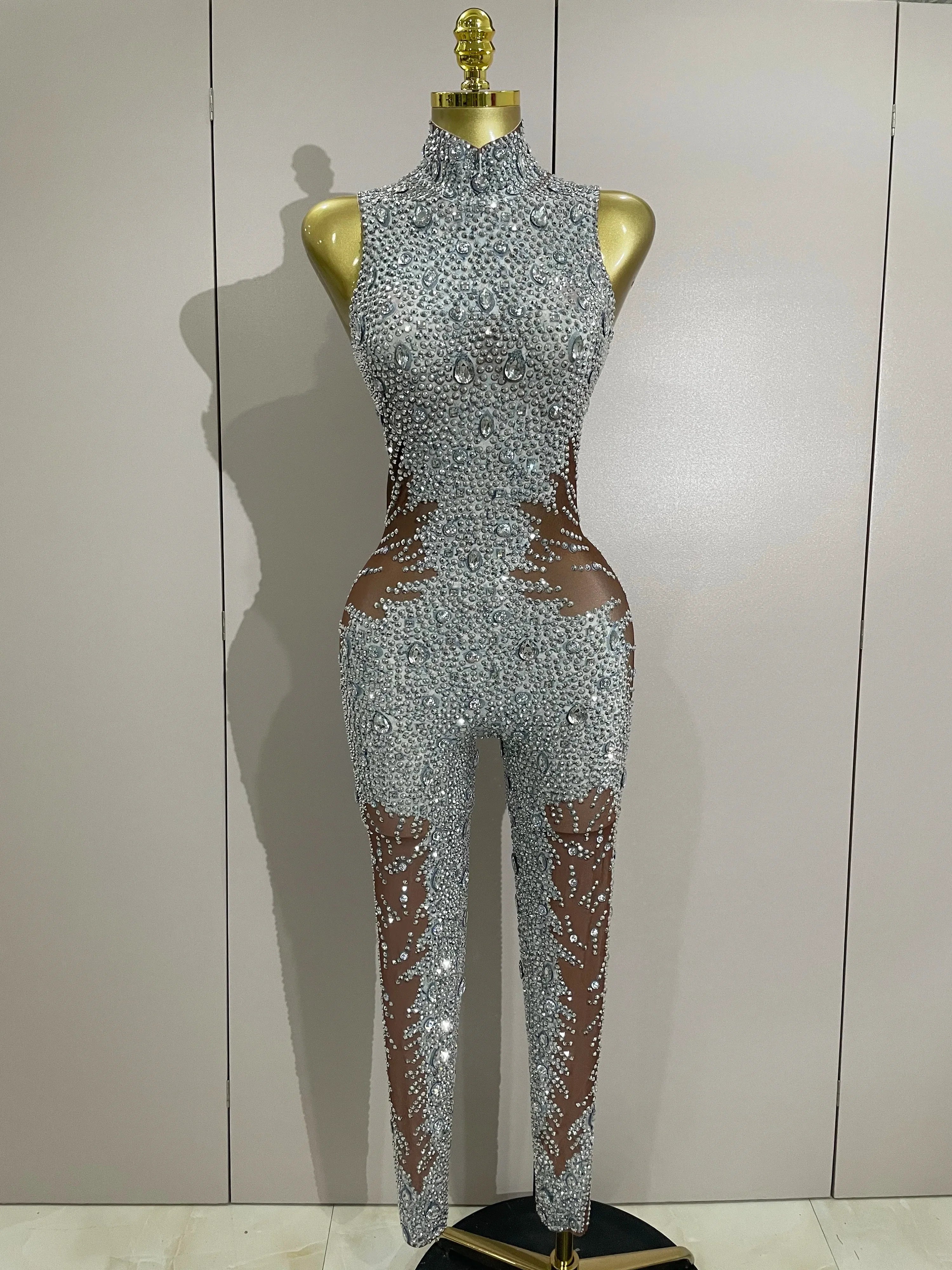 Amina Luxury Sleeveless Rhinestone Bodycon Jumpsuit