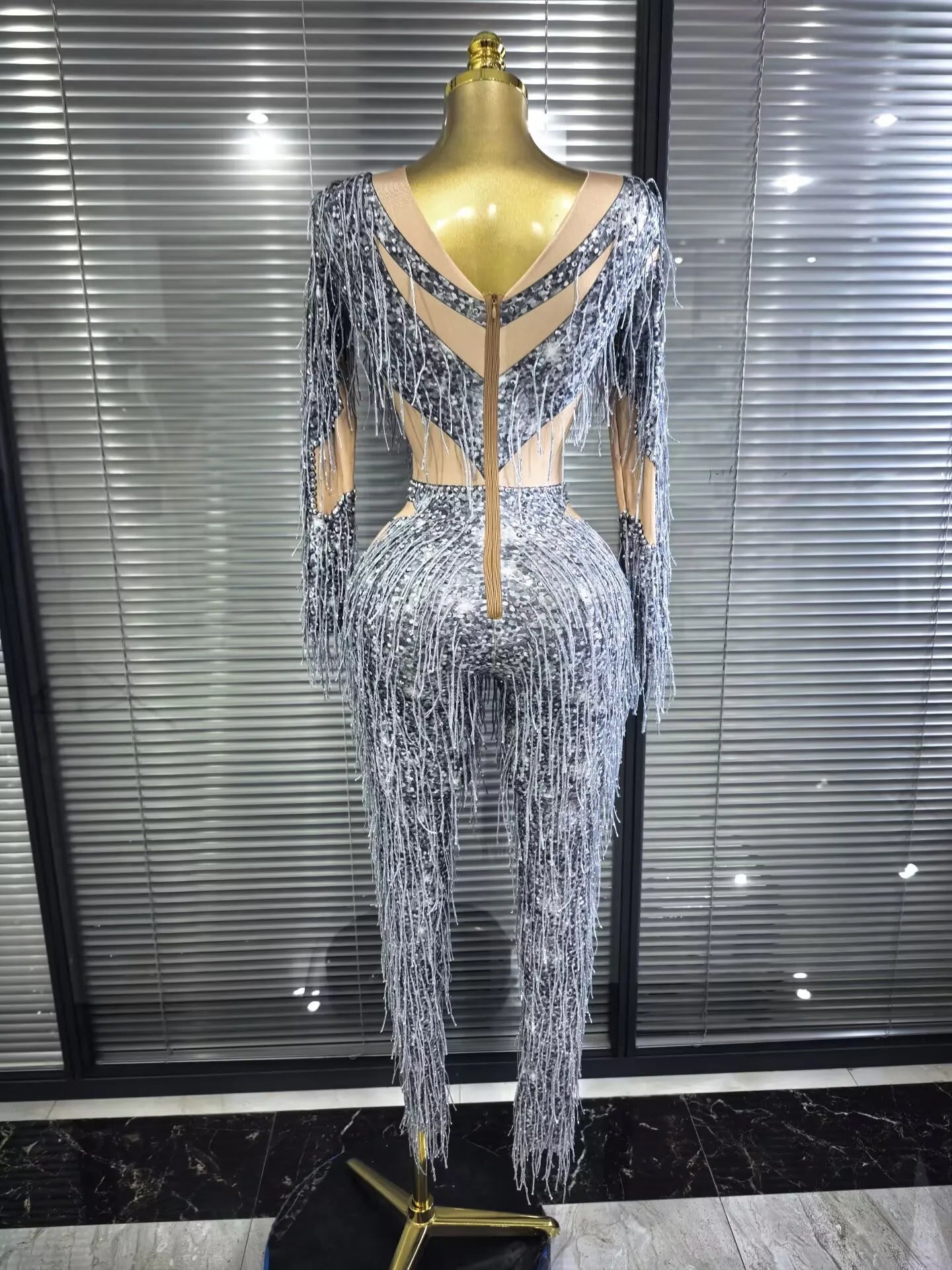 Aleah Long Sleeve High-Stretch Fringe Bodycon Jumpsuit