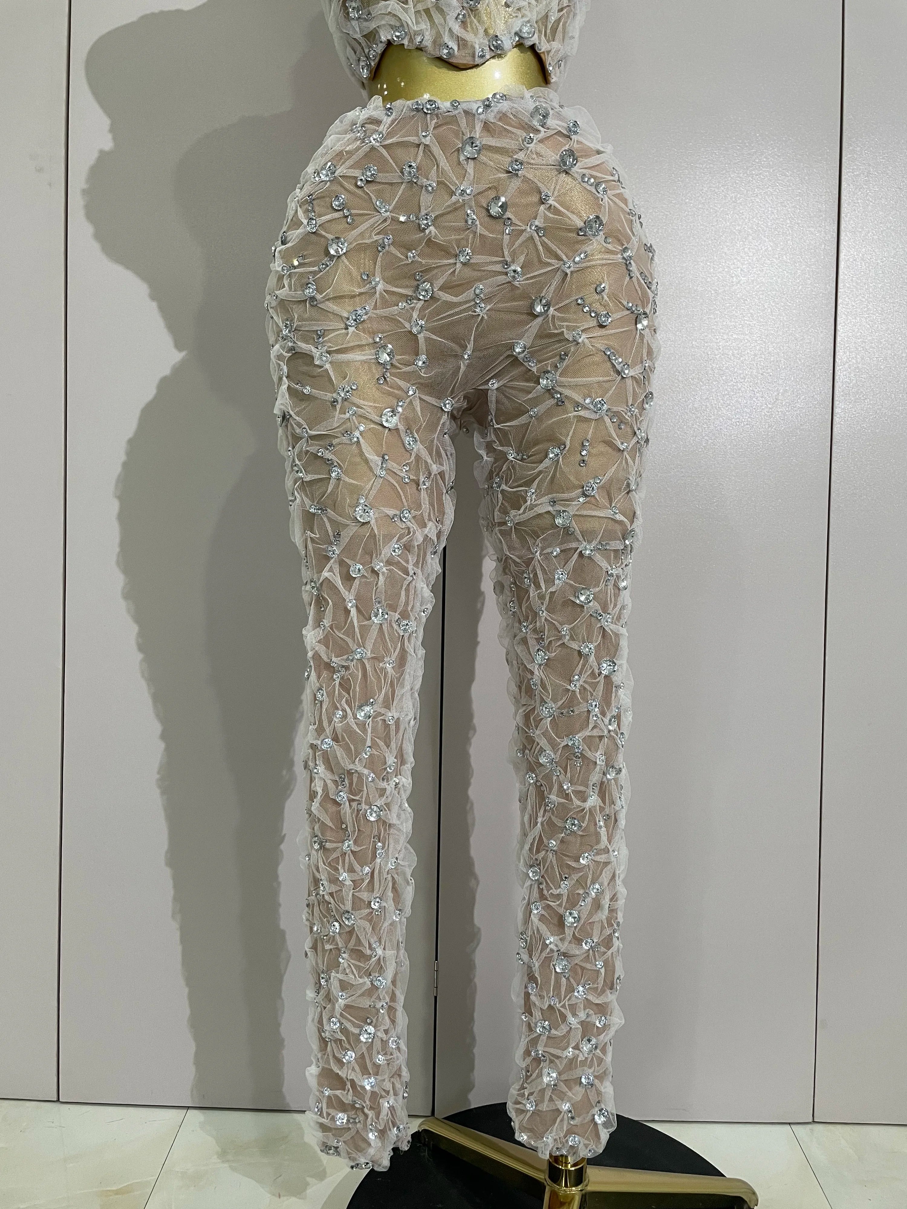 Diane Sparkly Rhinestone Lace Halter Top & Wide-Leg Pants Two-Piece Set