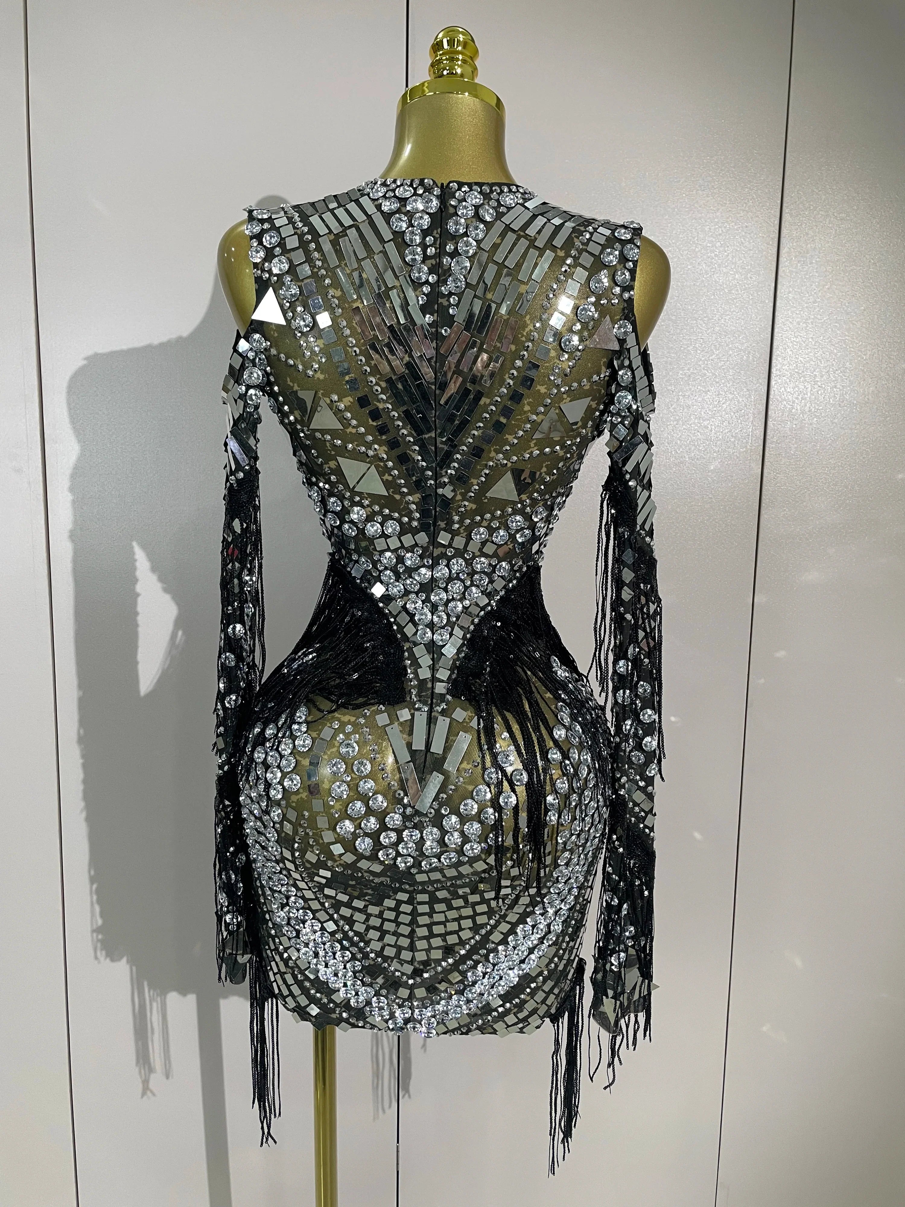 Candice Sparkling Diamond Sequin Tassel Long Sleeve Sheer Mesh Mini Dress