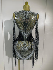 Candice Sparkling Diamond Sequin Tassel Long Sleeve Sheer Mesh Mini Dress