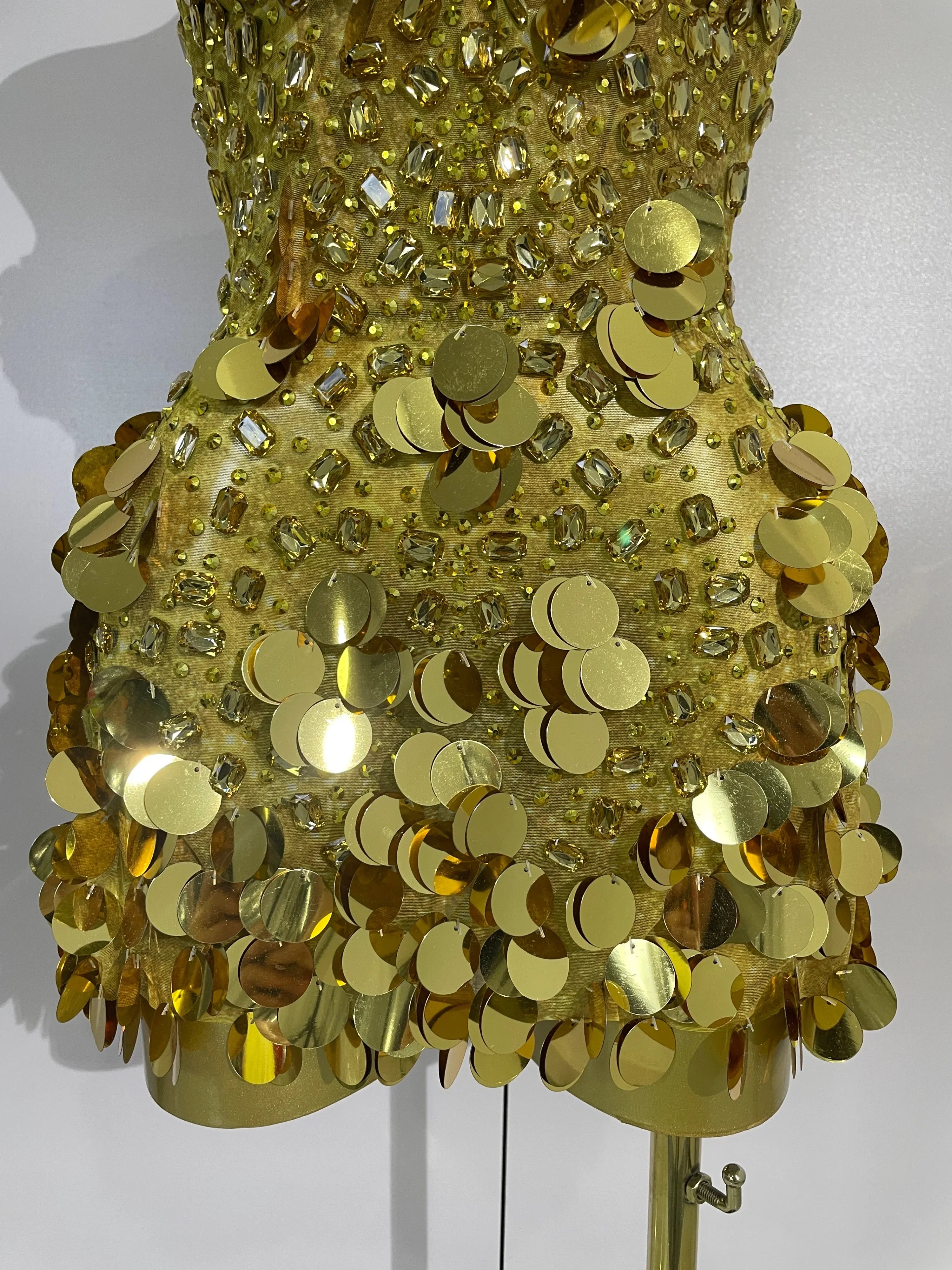 Cordelia Sparkly Gold Rhinestones Sequins Mini Dress