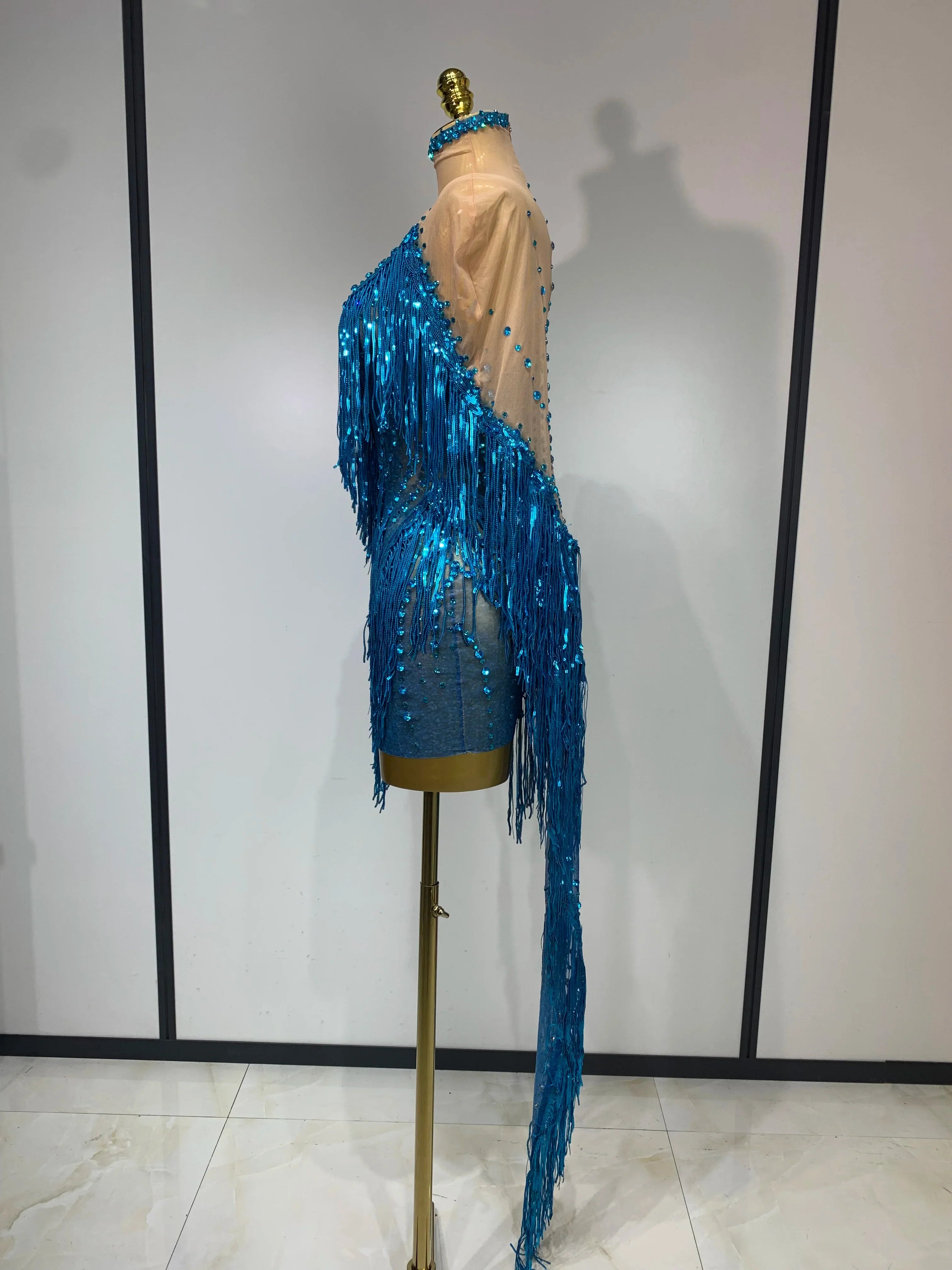Carlene Blue Rhinestone Tassel See-Through Mesh Birthday Dress