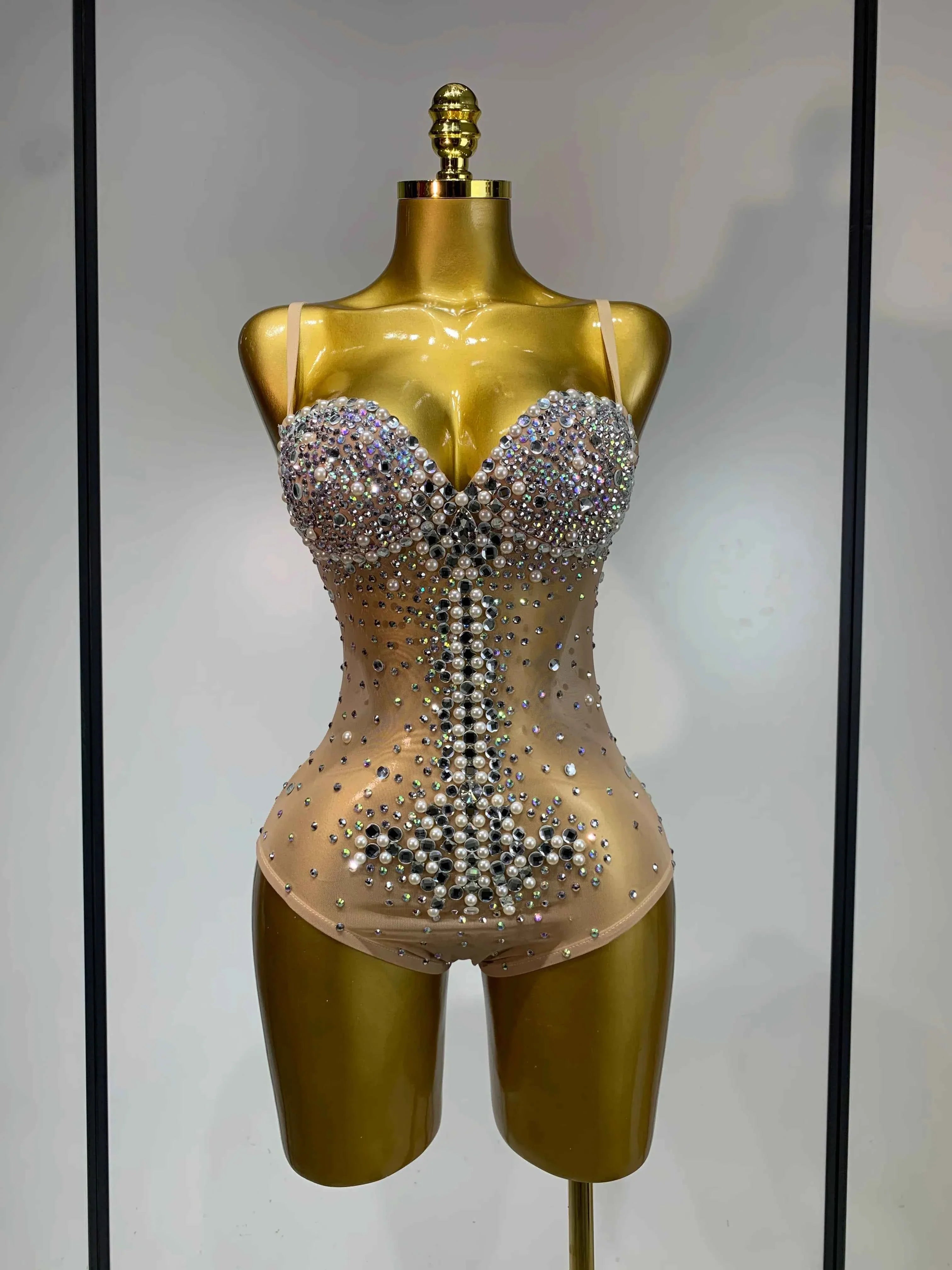 Candice Rhinestone Pearl Mesh Bodycon Bodysuit