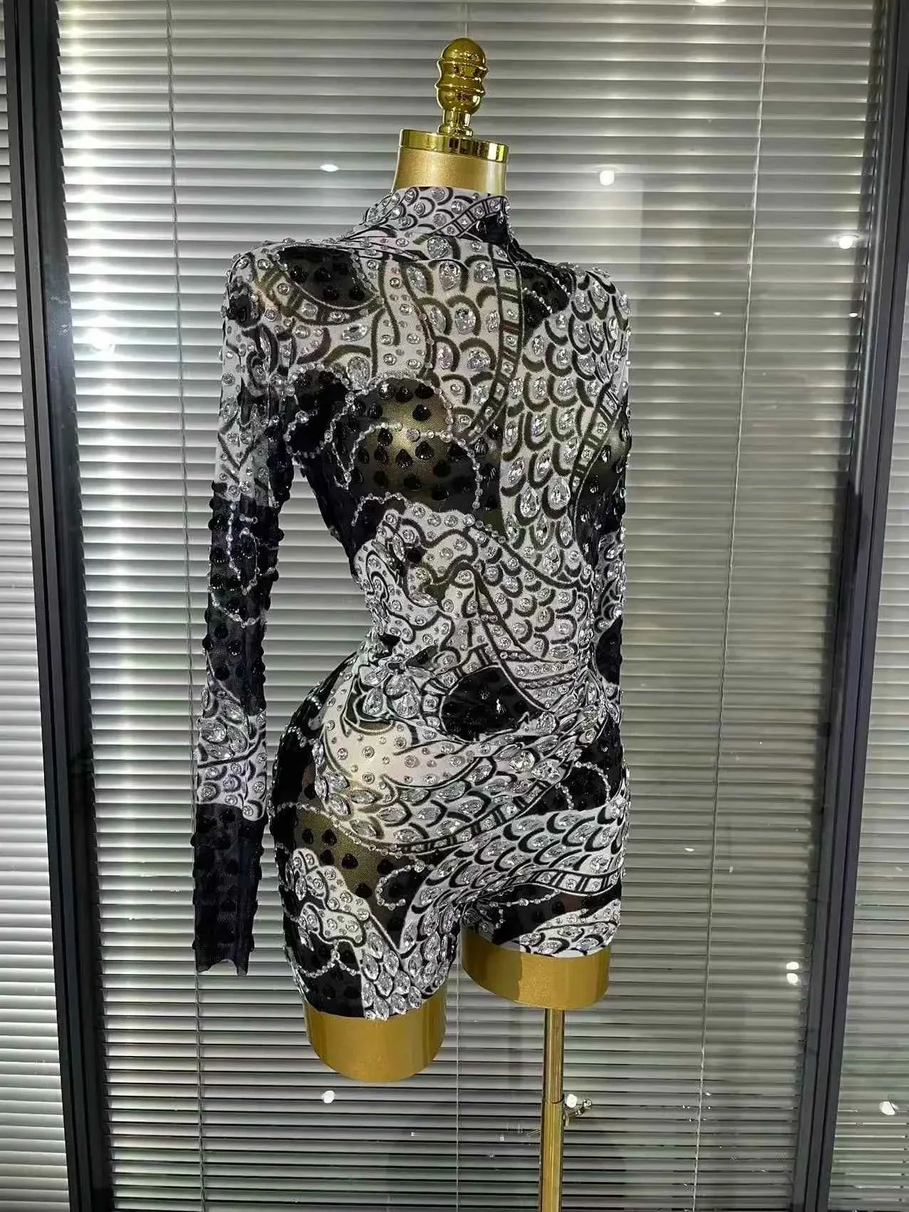 Baela Long Sleeve Sparkly Crystal Mesh Bodycon Playsuit